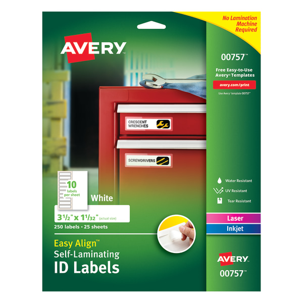 Easy Align Self-Laminating ID Labels, Laser/Inkjet, 1 1/32 x 3 1/2, White, 250