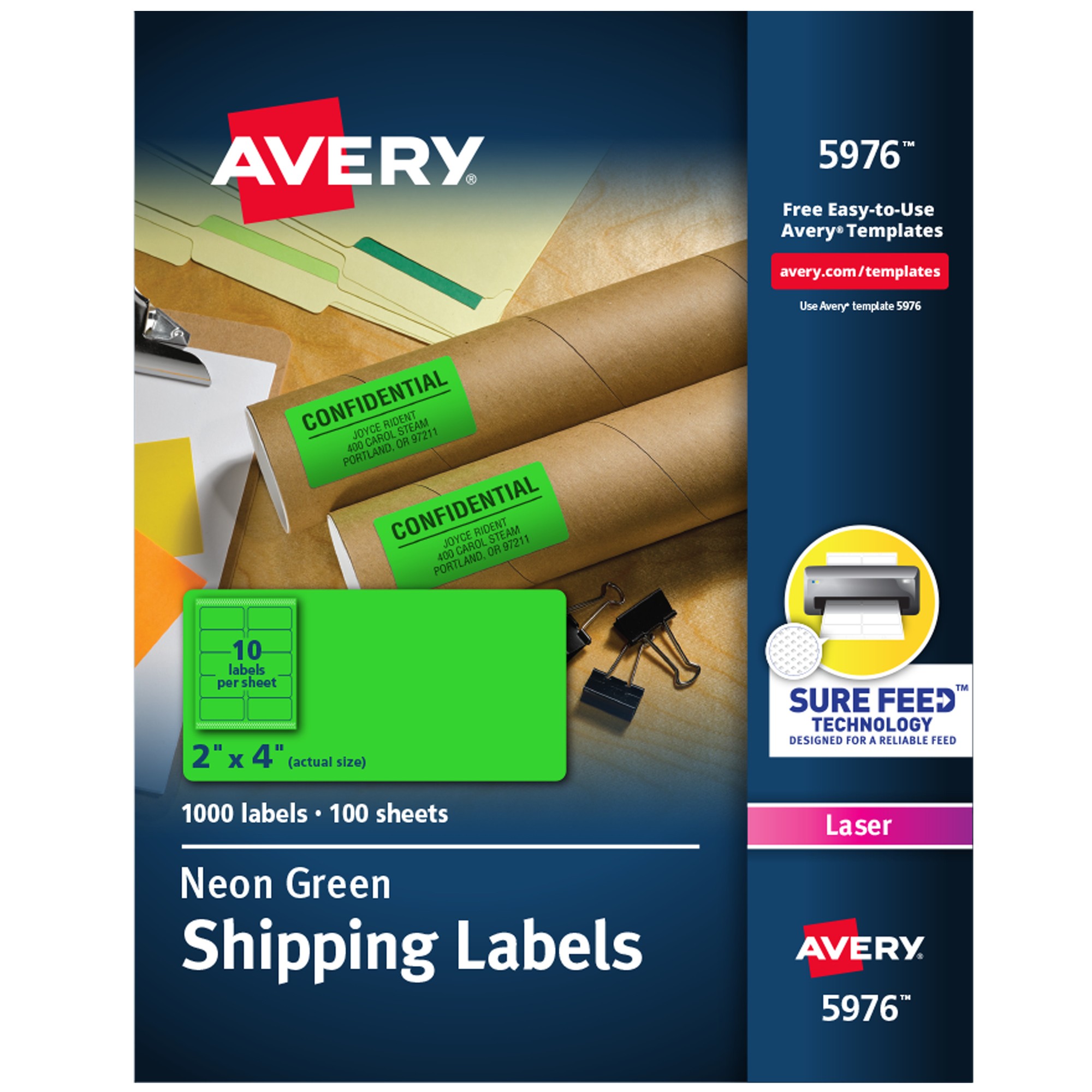 Neon Shipping Label, Laser, 2 x 4, Neon Green, 1000/Box