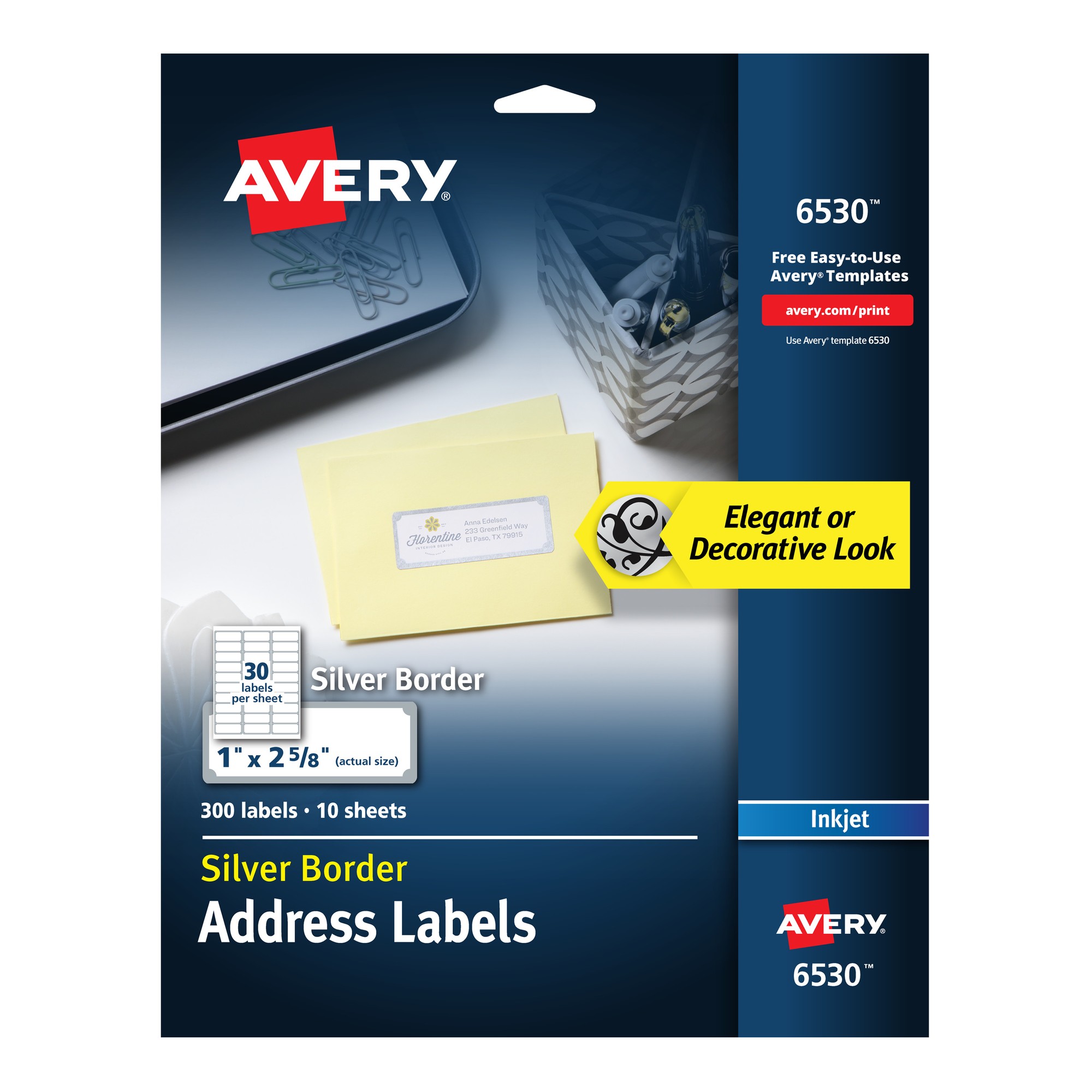 Easy Peel Address Labels w/ Border, Silver, 1 x 2 5/8, 30/Sheet, 10 Sheets/Pack