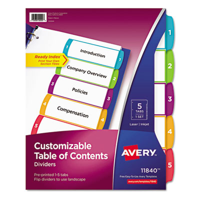 Ready Index Table of Contents Dividers, Multicolor Tabs, 1-5, Letter
