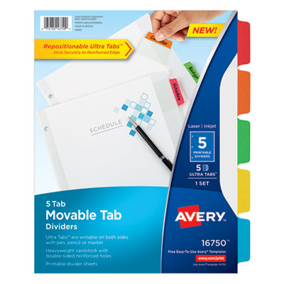 Movable Tab Dividers with Color Tabs, 5-Tab, Multicolor Tabs, 11 x 8 1/2
