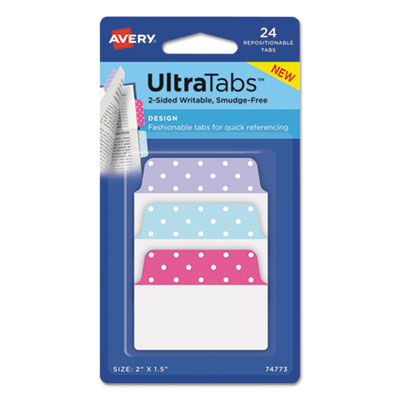 Ultra Tabs Repositionable Tabs, 2 x 1 1/2, Dots: Blue, Lavendar, Pink, 24/Pack
