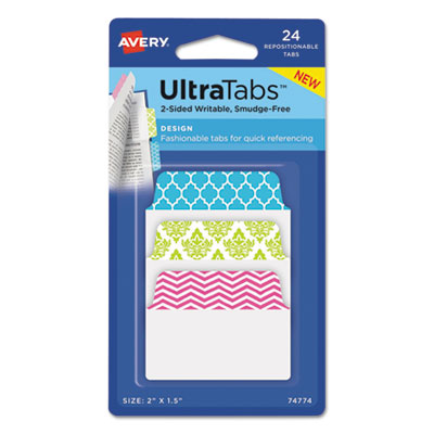 Ultra Tabs Repositionable Tabs, 2 x 1 1/2, Patterns: Blue, Green, Pink, 24/Pack