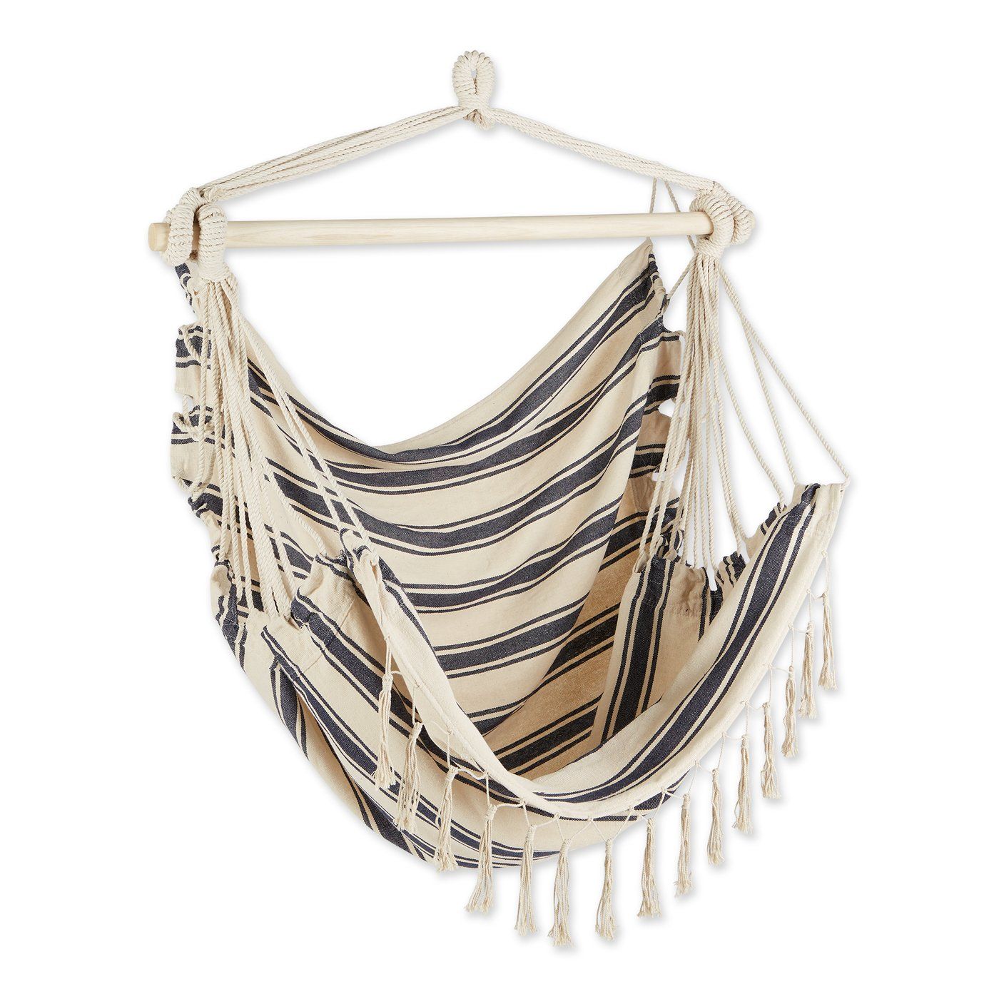 Blue And Cream Ticking Stripe Hammock Chair With Fringe Trim