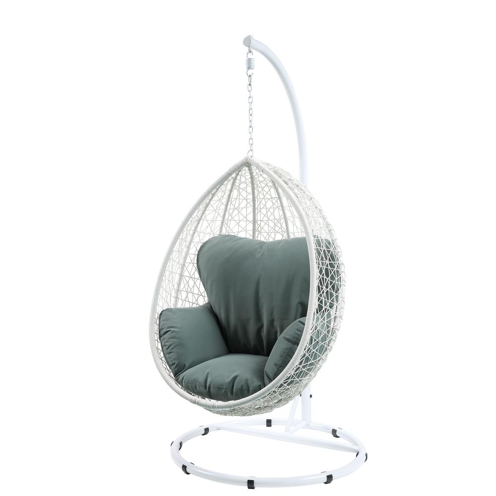 Simona Patio Swing Chair with Stand, Green Fabric & White Wicker