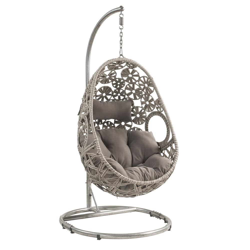 Sigar Patio Hanging Chair with Stand, Light Gray Fabric & Wicker (45107)