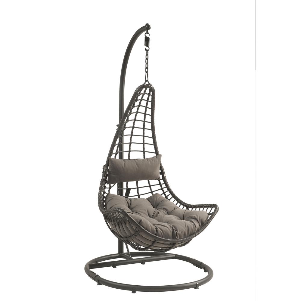 Uzae Patio Hanging Chair with Stand, Gray Fabric & Charcoal Wicker (45105)
