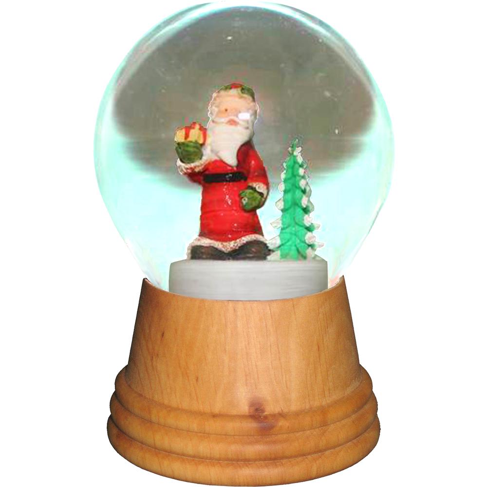 2552 - Perzy Snowglobe - Medium Santa with Tree with wooden base - 5"H x 3.5"W x 3.5"D