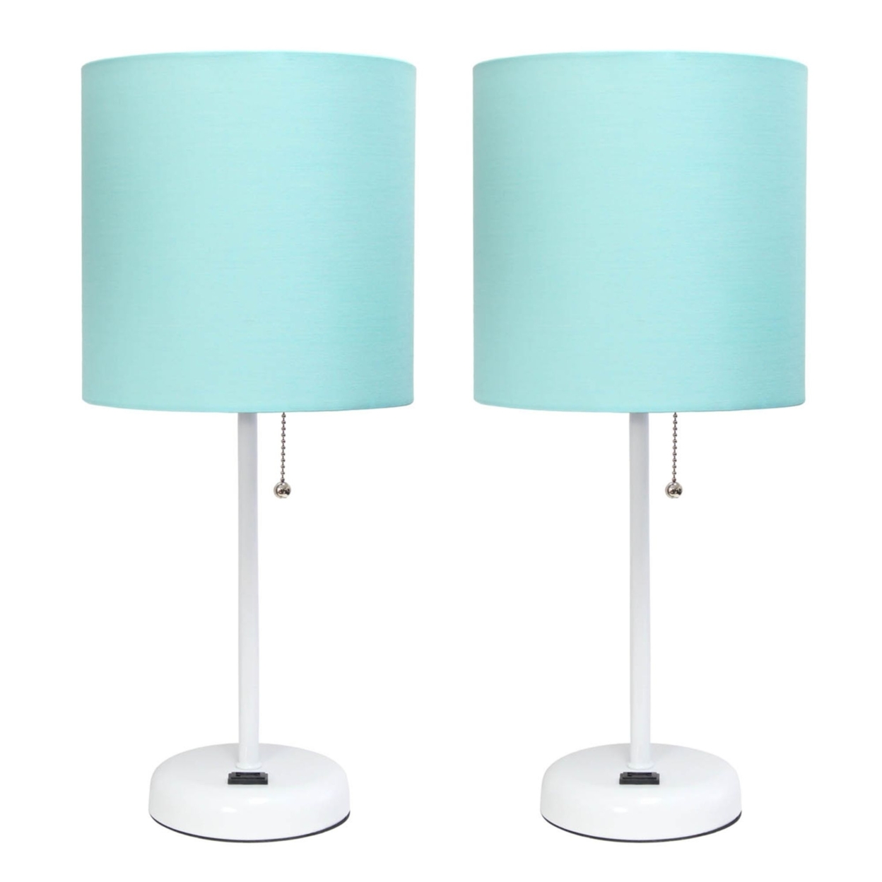 Simple Designs White Stick Lamp with Charging Outlet and Fabric Shade 2 Pack Set, Aqua
