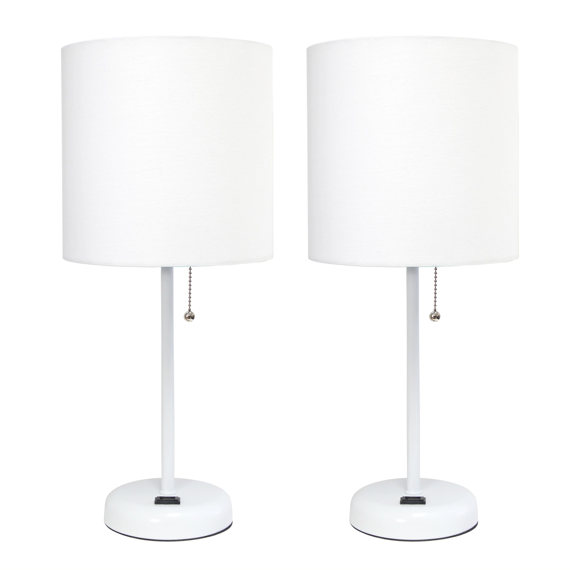 Simple Designs White Stick Lamp with Charging Outlet and Fabric Shade 2 Pack Set, White