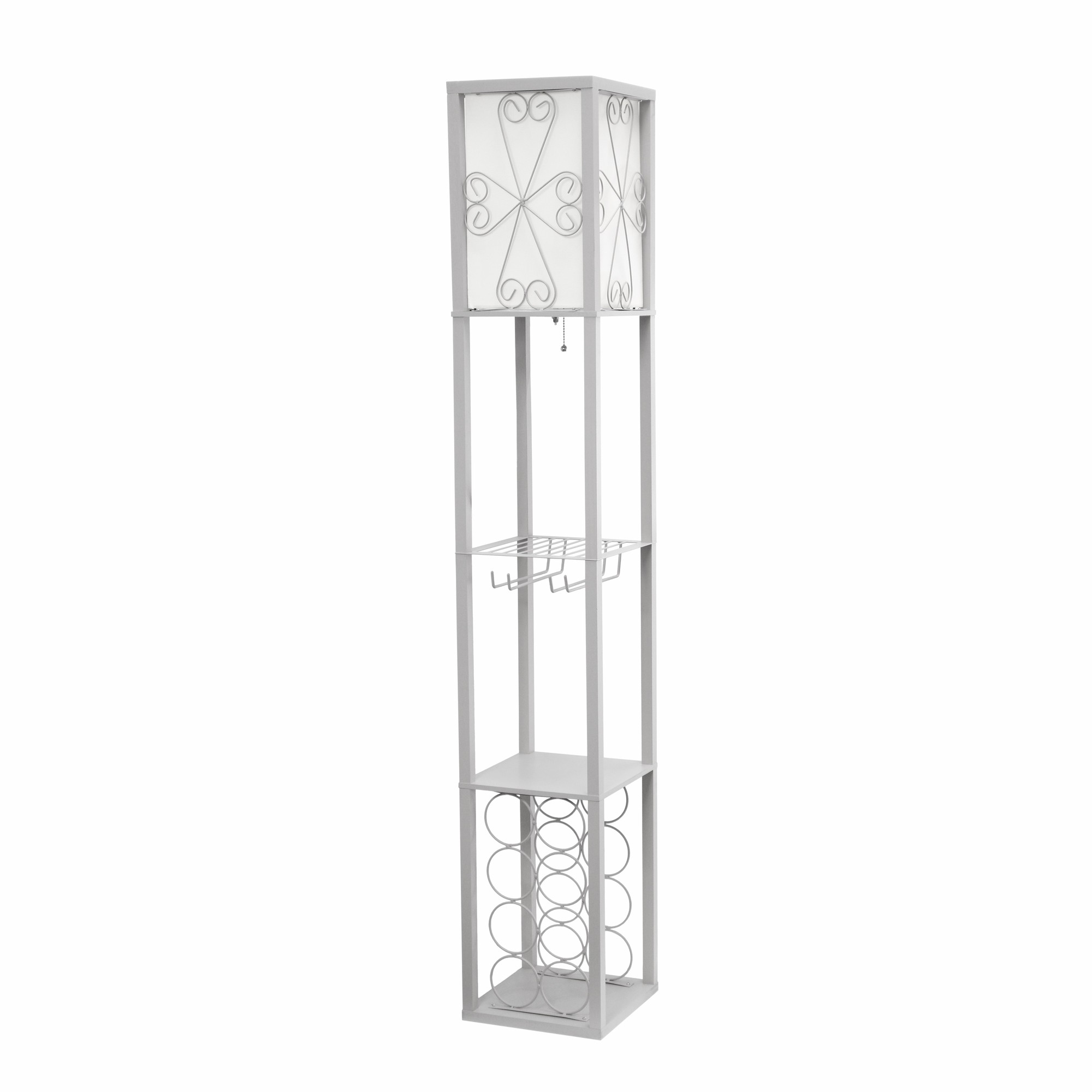 Simple Designs Floor Lamp Etagere Organizer Storage Shelf and Wine Rack with Linen Shade