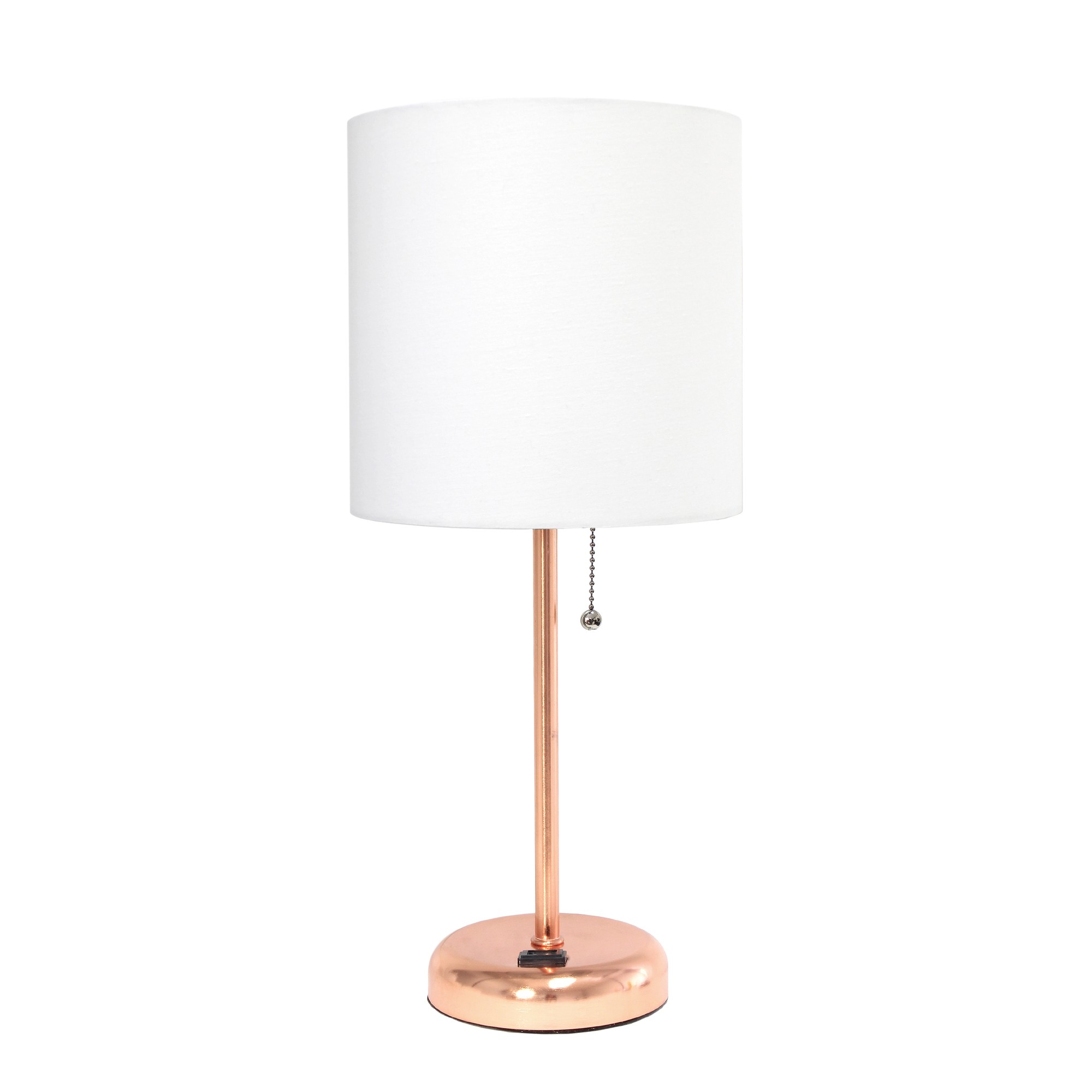 Simple Designs Rose Gold Stick Lamp with Charging Outlet and Fabric Shade, White