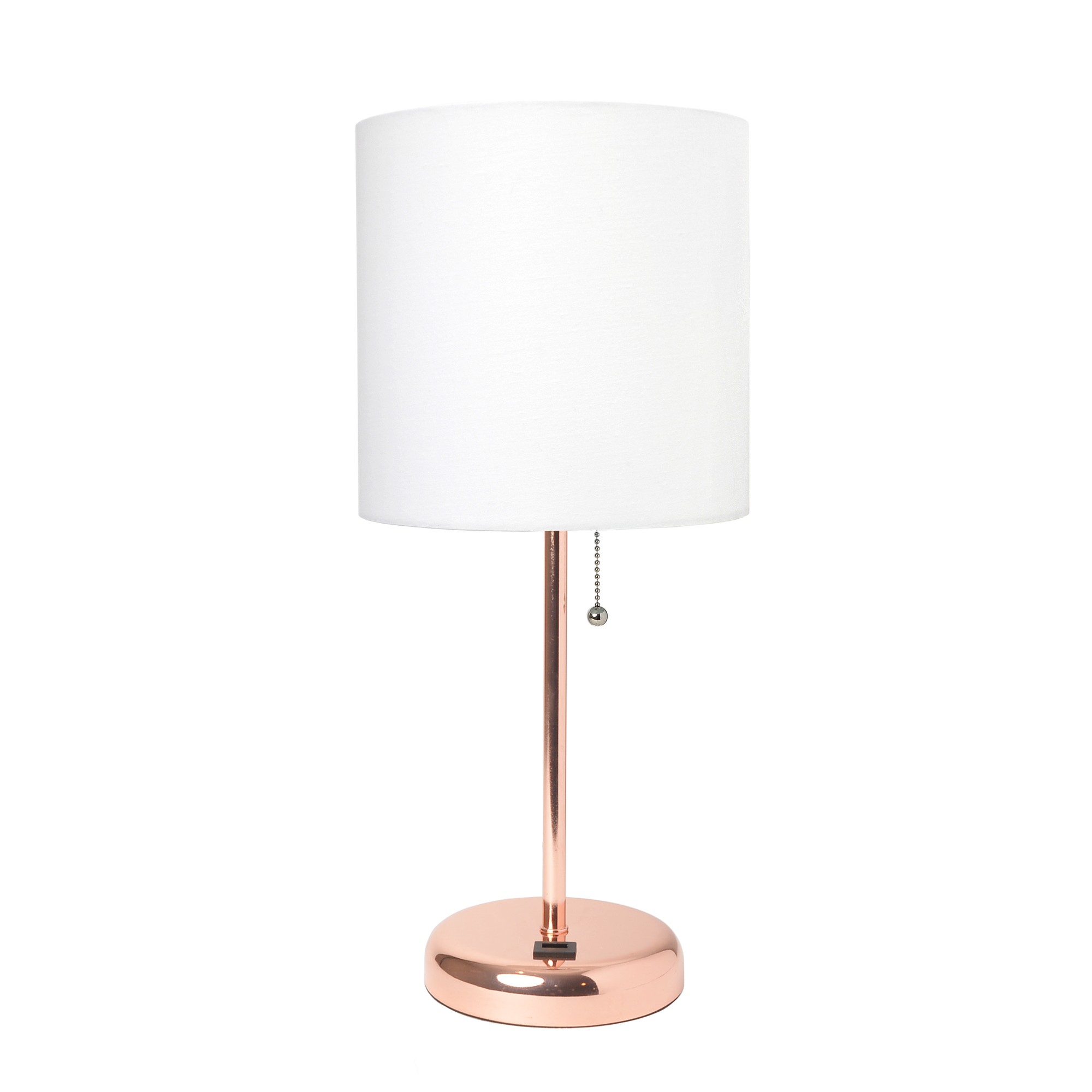 Simple Designs Rose Gold Stick Lamp with USB charging port and Fabric Shade, White