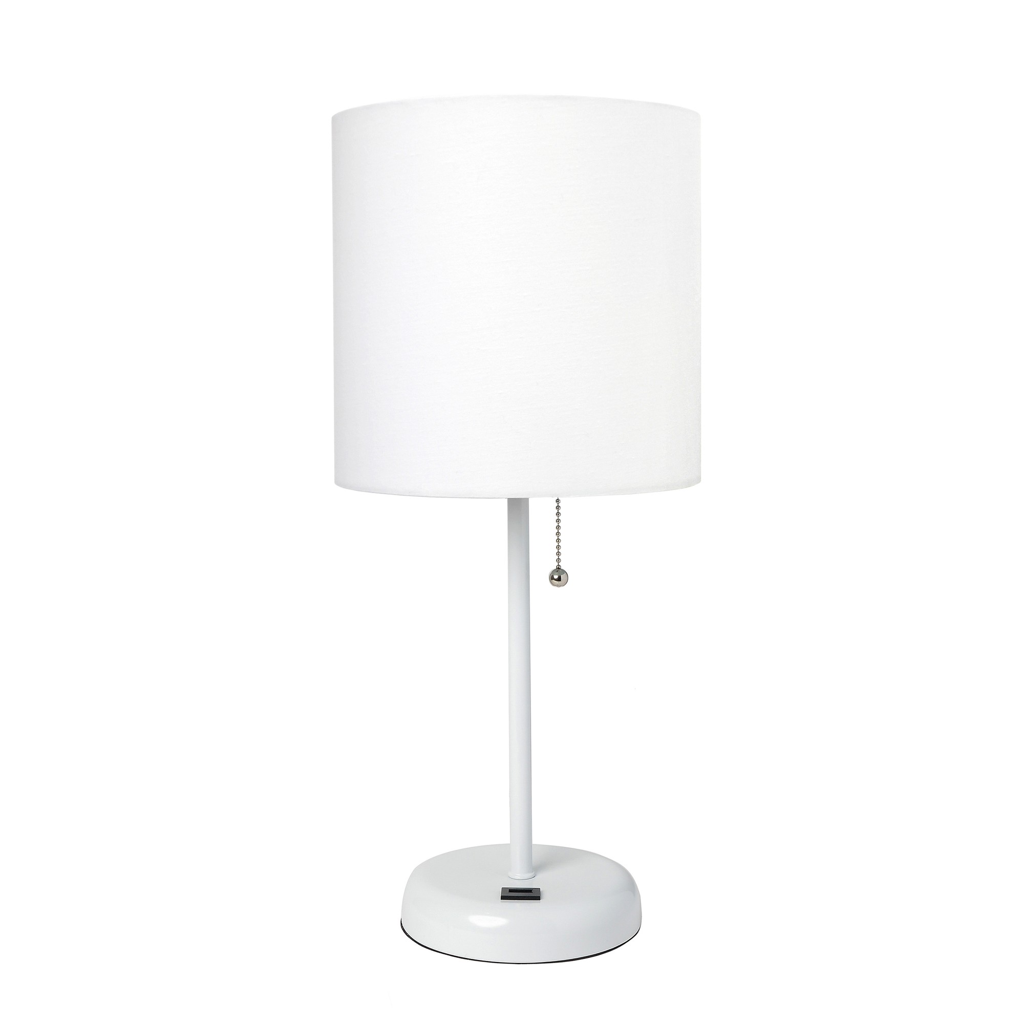 Simple Designs White Stick Lamp with USB charging port and Fabric Shade, White
