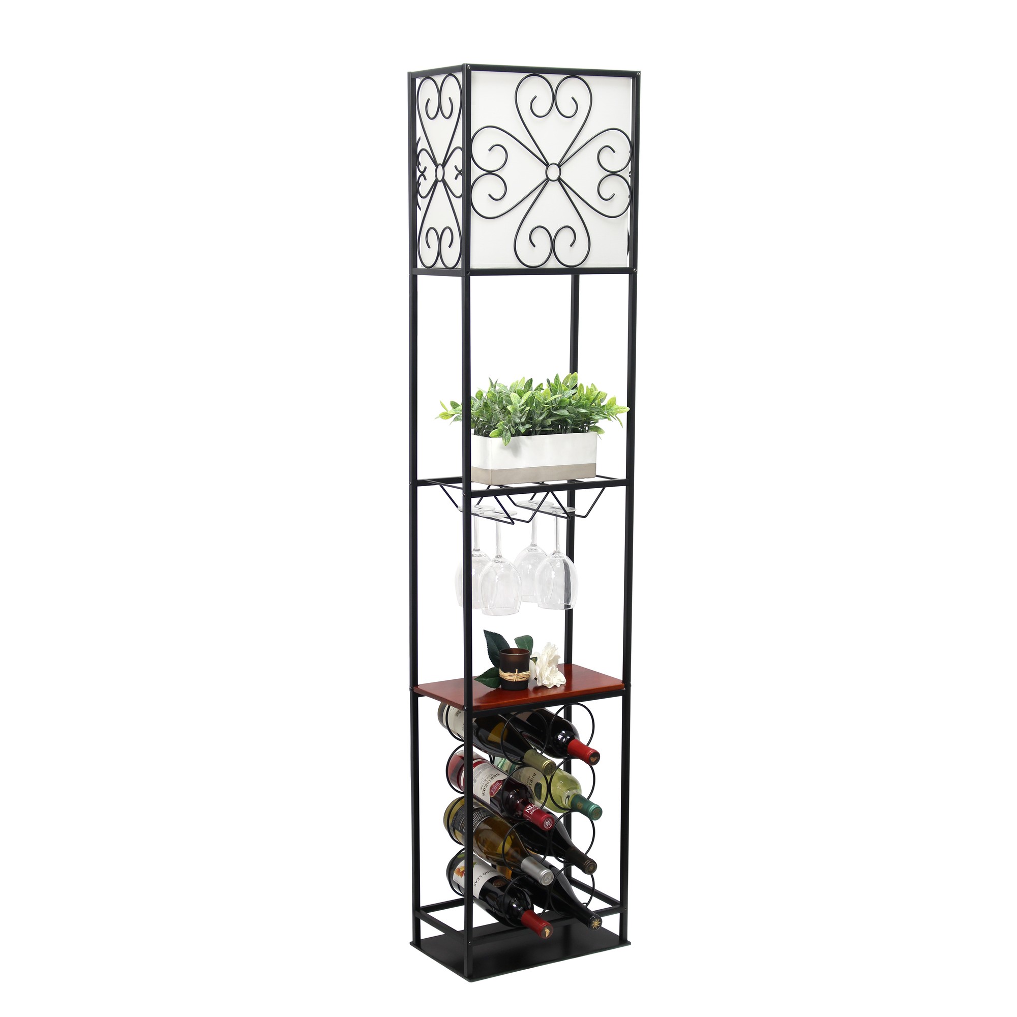 Elegant Designs Etagere Organizer Wood Accented Storage Shelf and Wine Rack with Linen Shade Floor Lamp, Black