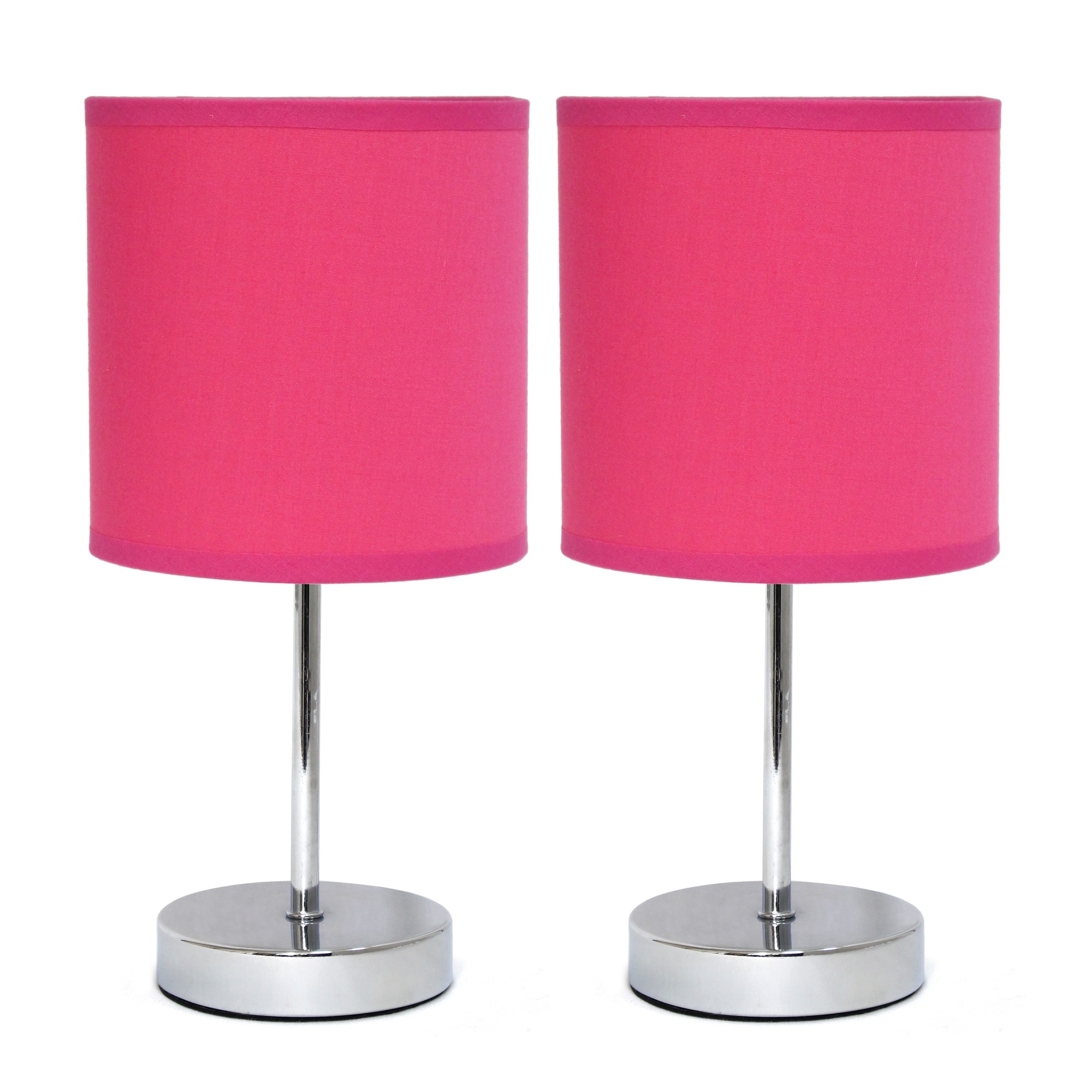 Simple Designs Chrome Mini Basic Table Lamp with Fabric Shade 2 Pack Set, Hot Pink