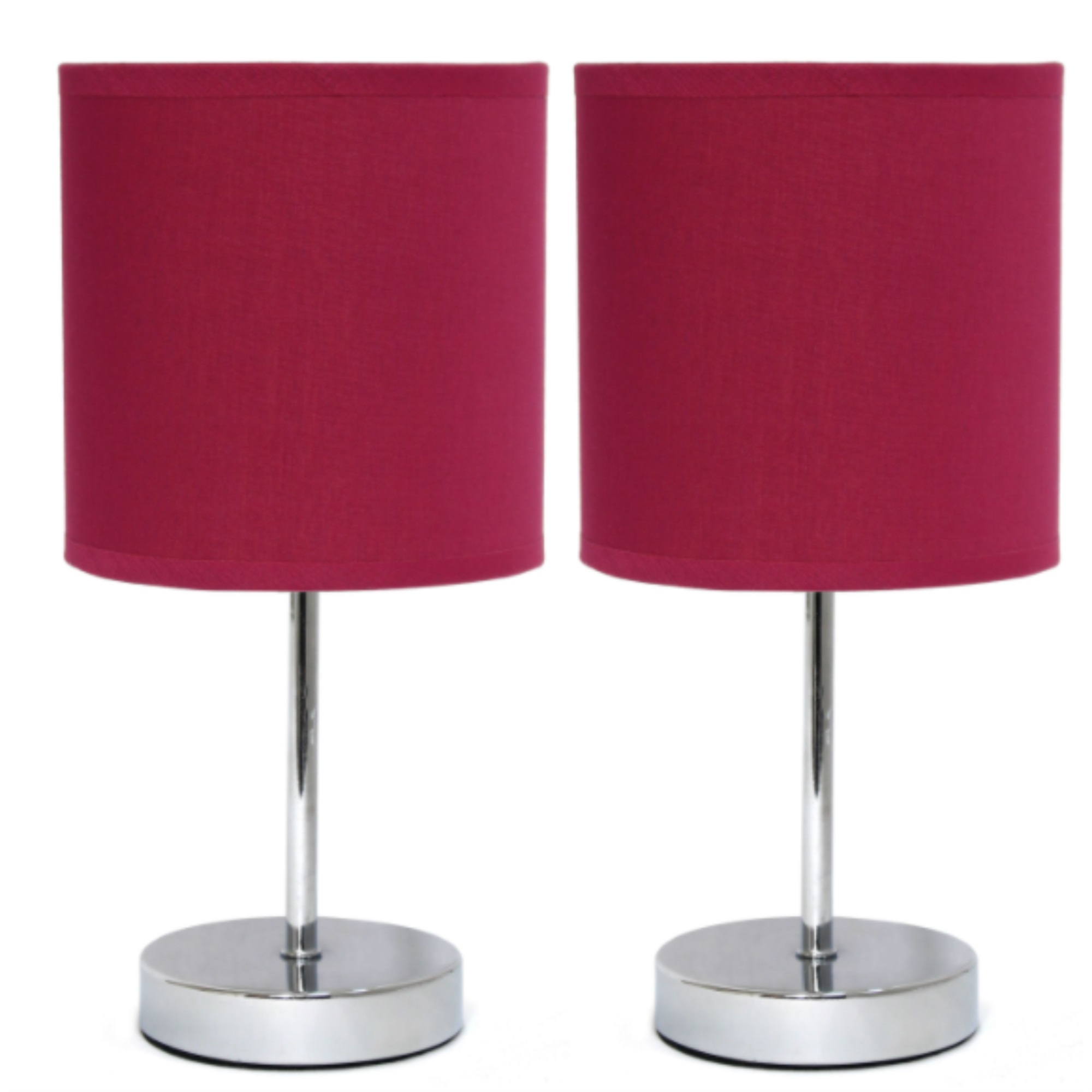 Simple Designs Chrome Mini Basic Table Lamp with Fabric Shade 2 Pack Set, Wine