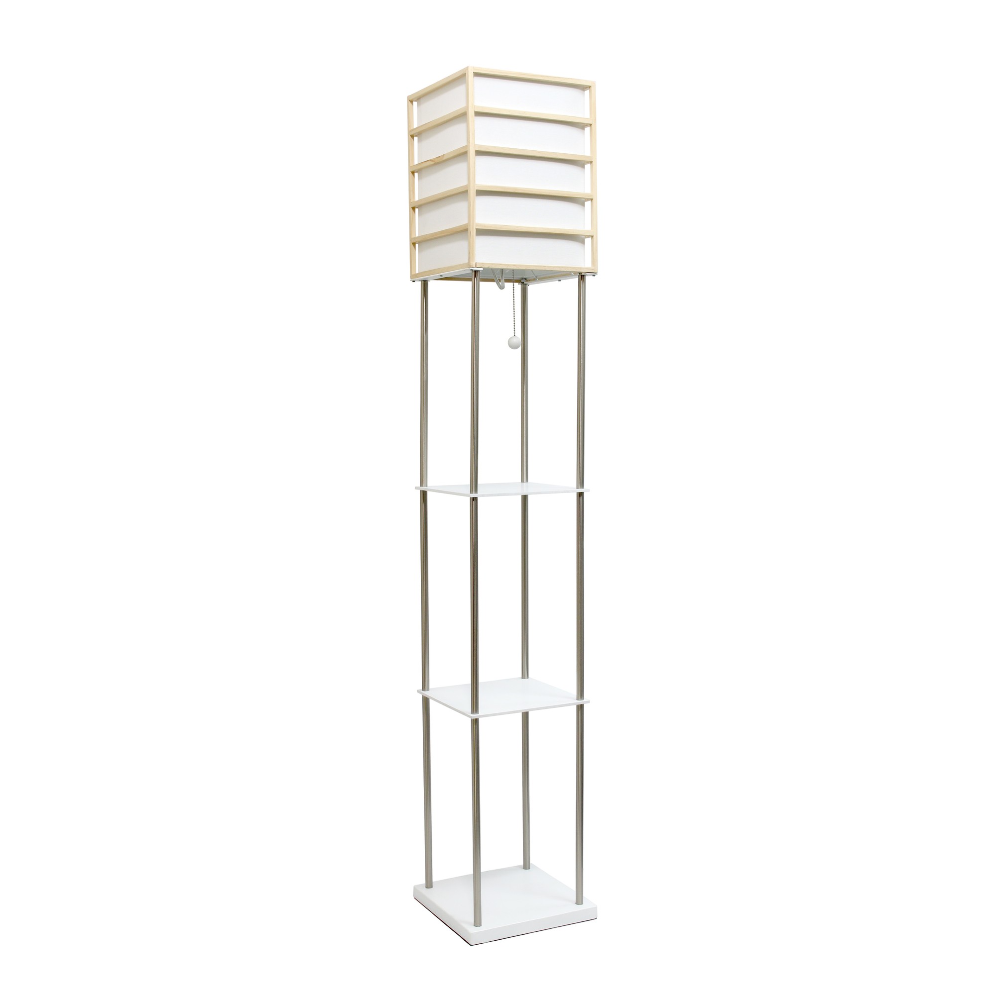 Lalia Home 1 Light Metal Etagere Floor Lamp with Storage Shelves and Linen Shade, Light Wood