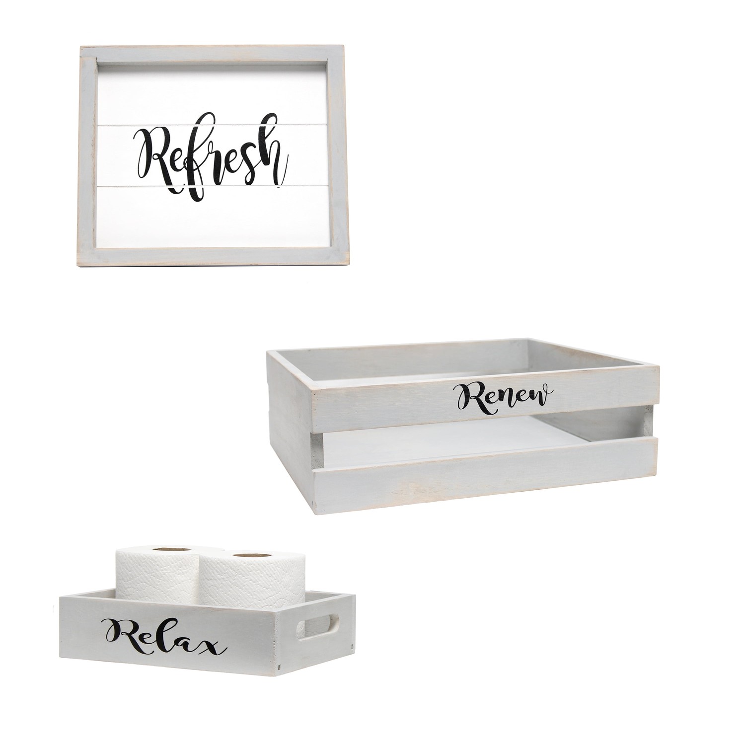 Elegant Designs Three Piece Decorative Wood Bathroom Set, Small, Inspirational (1 Towel Holder, 1 Frame, 1 Toilet Paper Holder)