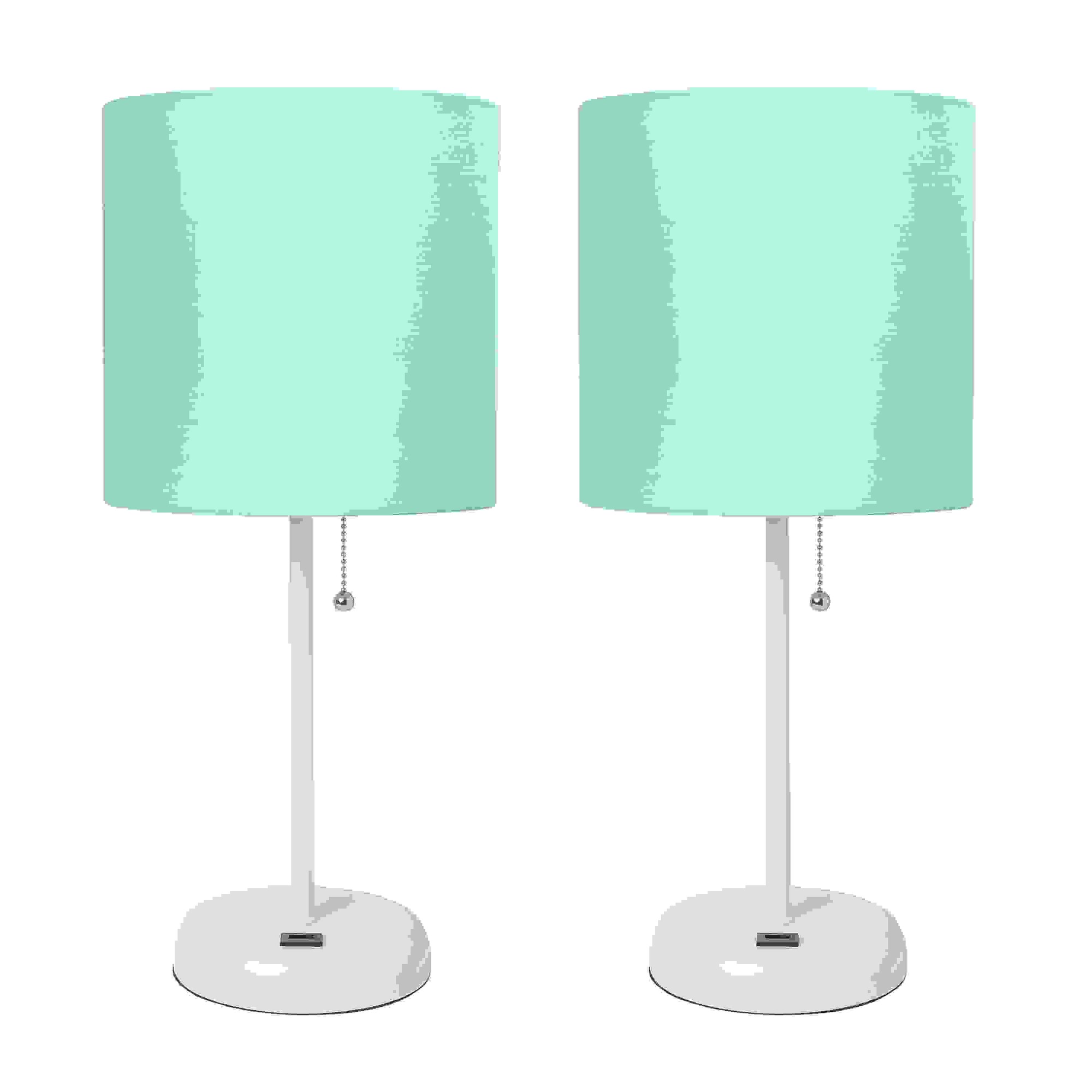 Simple Designs White Stick Lamp with USB charging port and Fabric Shade 2 Pack Set, Aqua