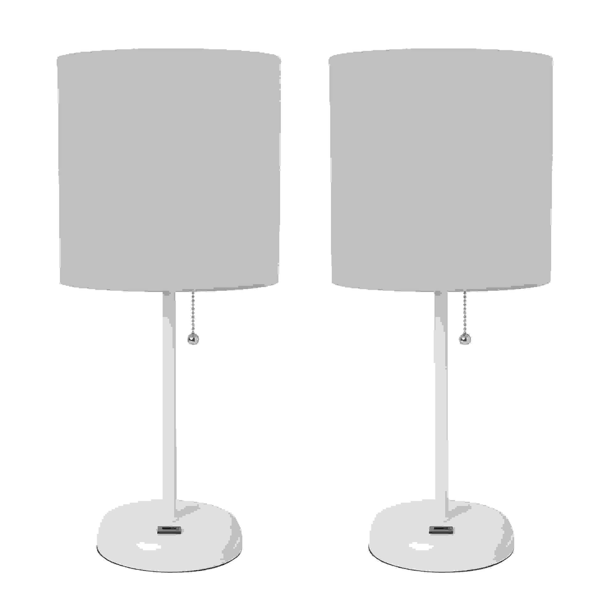 Simple Designs White Stick Lamp with USB charging port and Fabric Shade 2 Pack Set, Gray