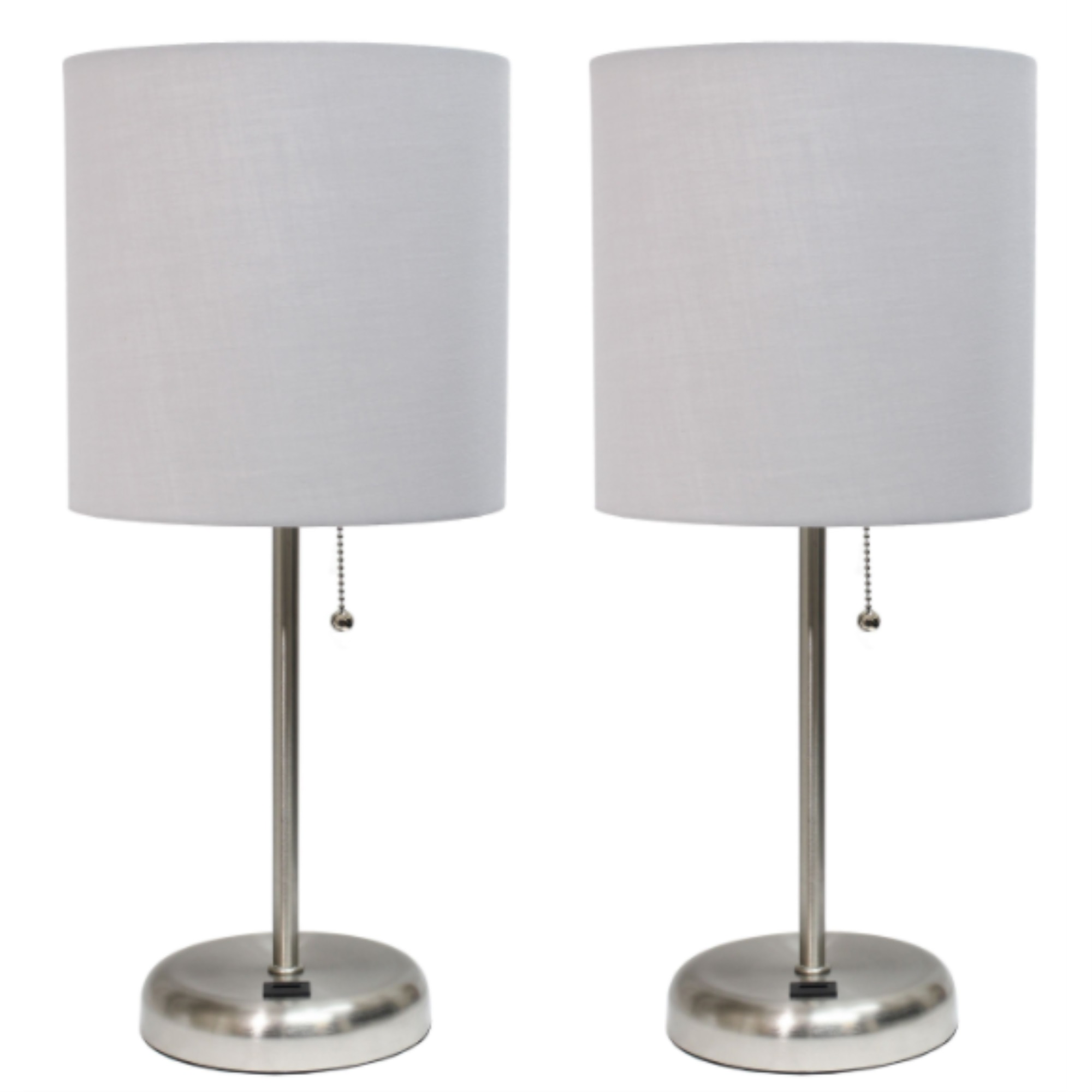 Simple Designs Stick Lamp with USB charging port and Fabric Shade 2 Pack Set, Gray