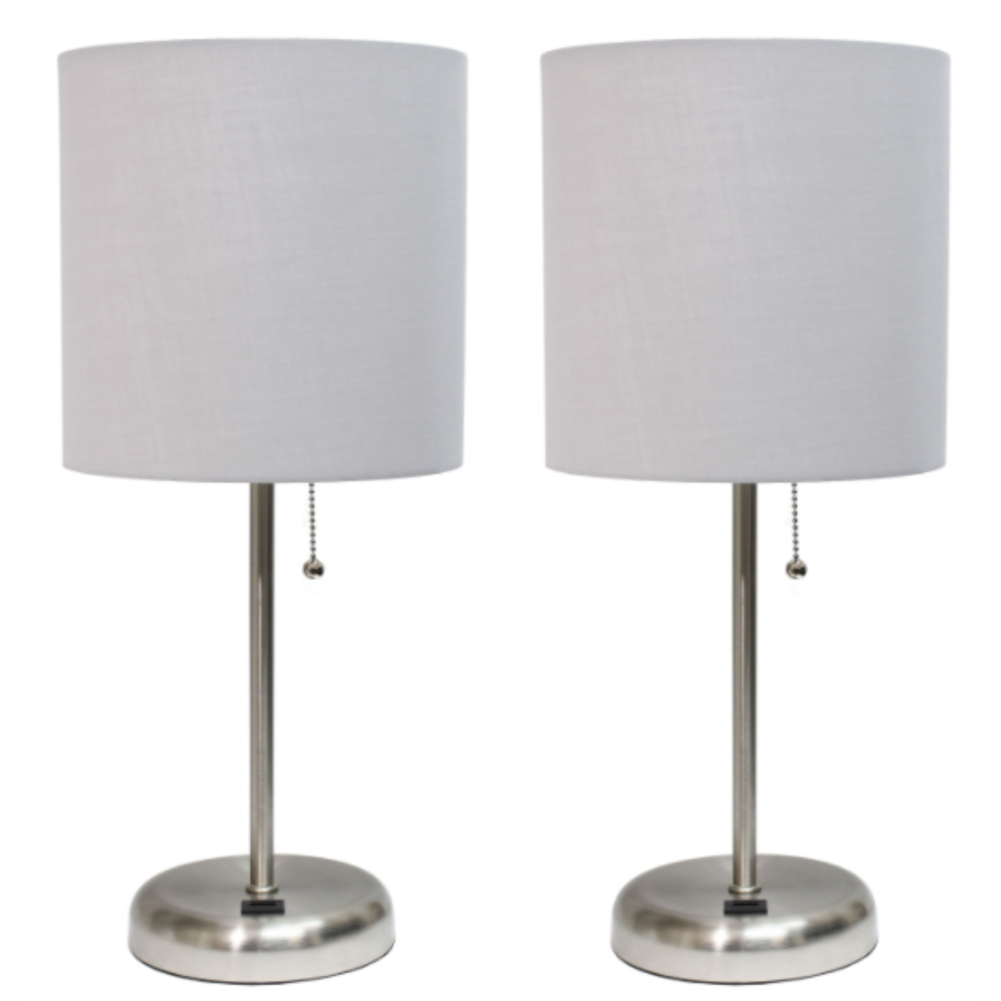 Simple Designs Stick Lamp with USB charging port and Fabric Shade 2 Pack Set, Gray