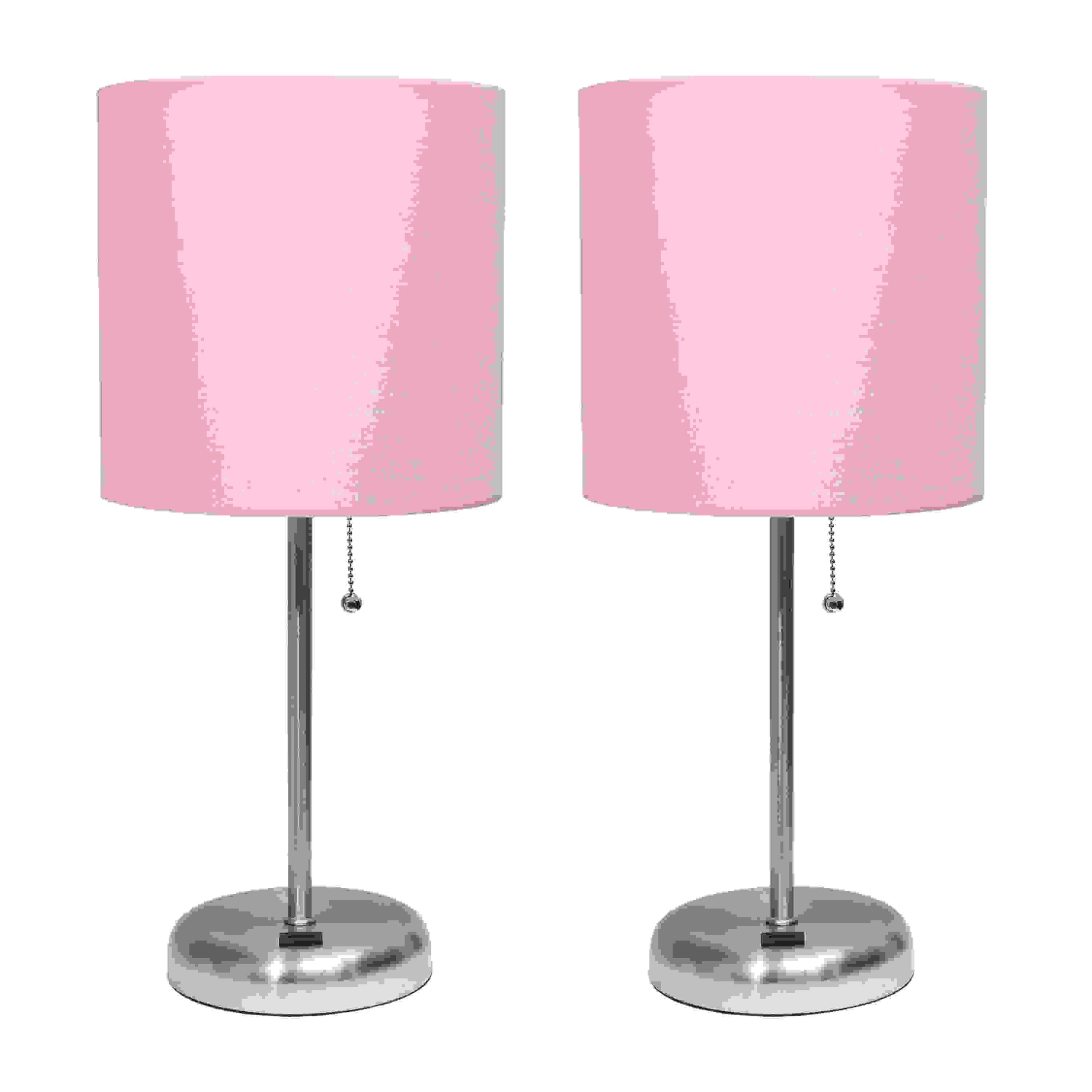 Simple Designs Stick Lamp with USB charging port and Fabric Shade 2 Pack Set, Light Pink