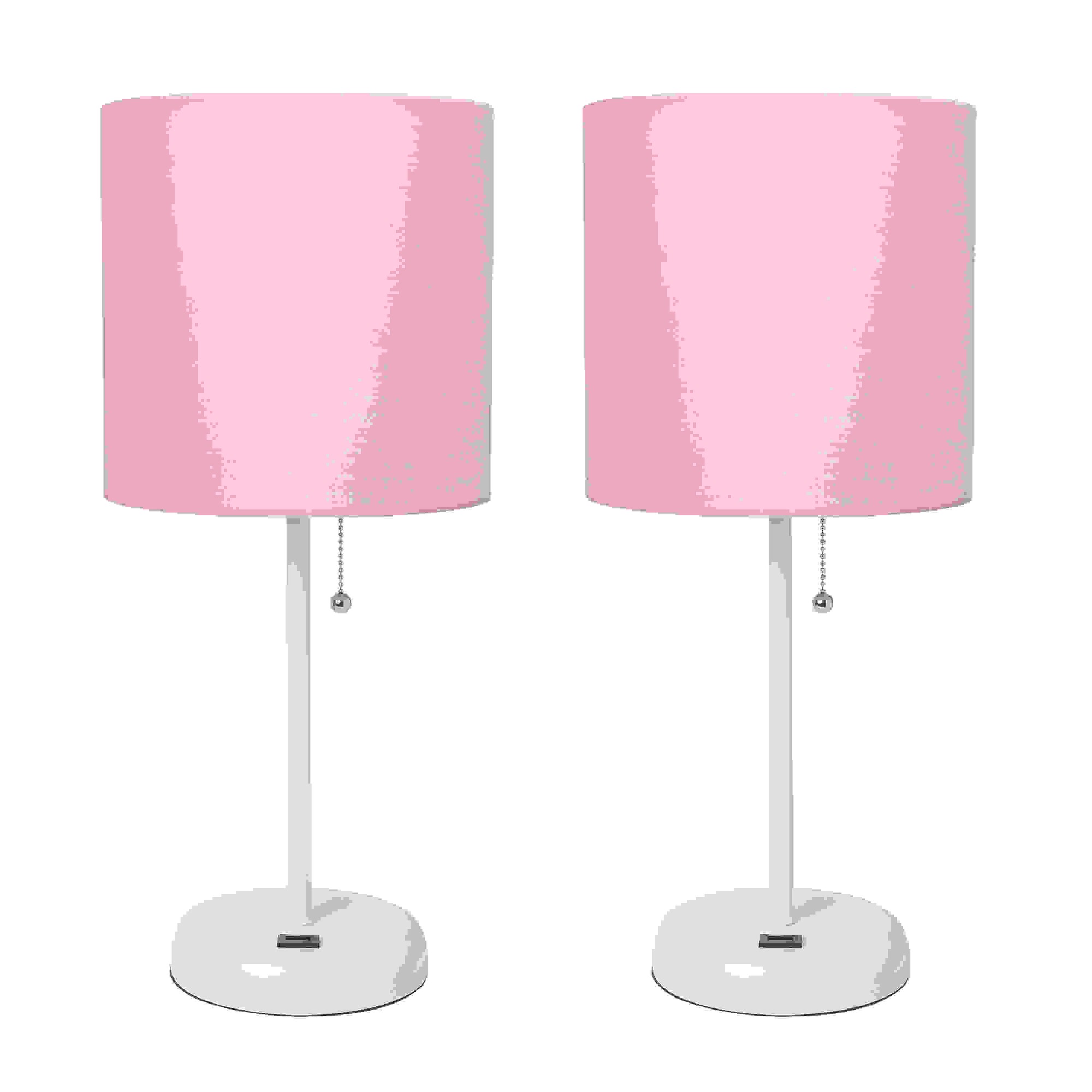 Simple Designs White Stick Lamp with USB charging port and Fabric Shade 2 Pack Set, Light Pink