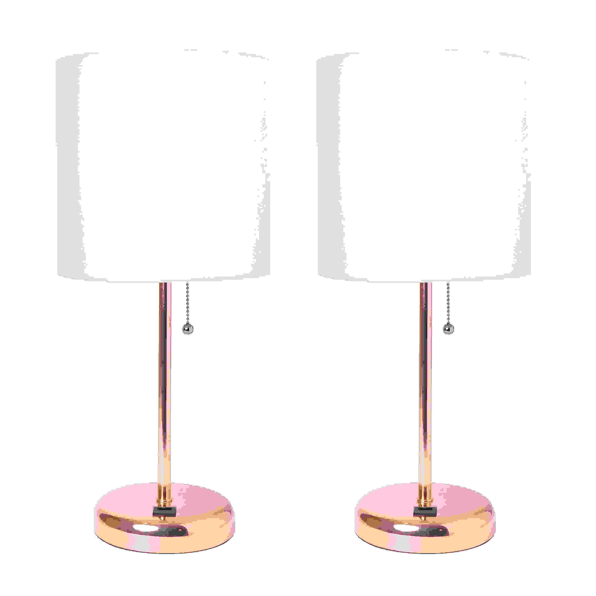 Simple Designs Rose Gold Stick Lamp with USB charging port and Fabric Shade 2 Pack Set, White