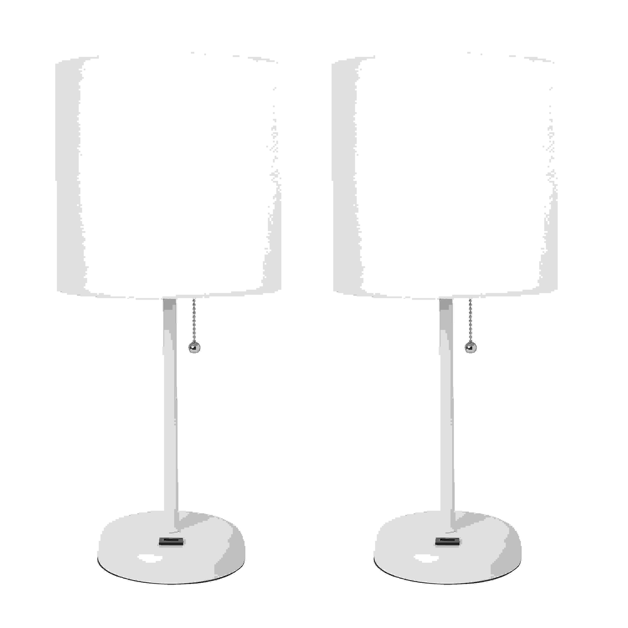 Simple Designs White Stick Lamp with USB charging port and Fabric Shade 2 Pack Set, White
