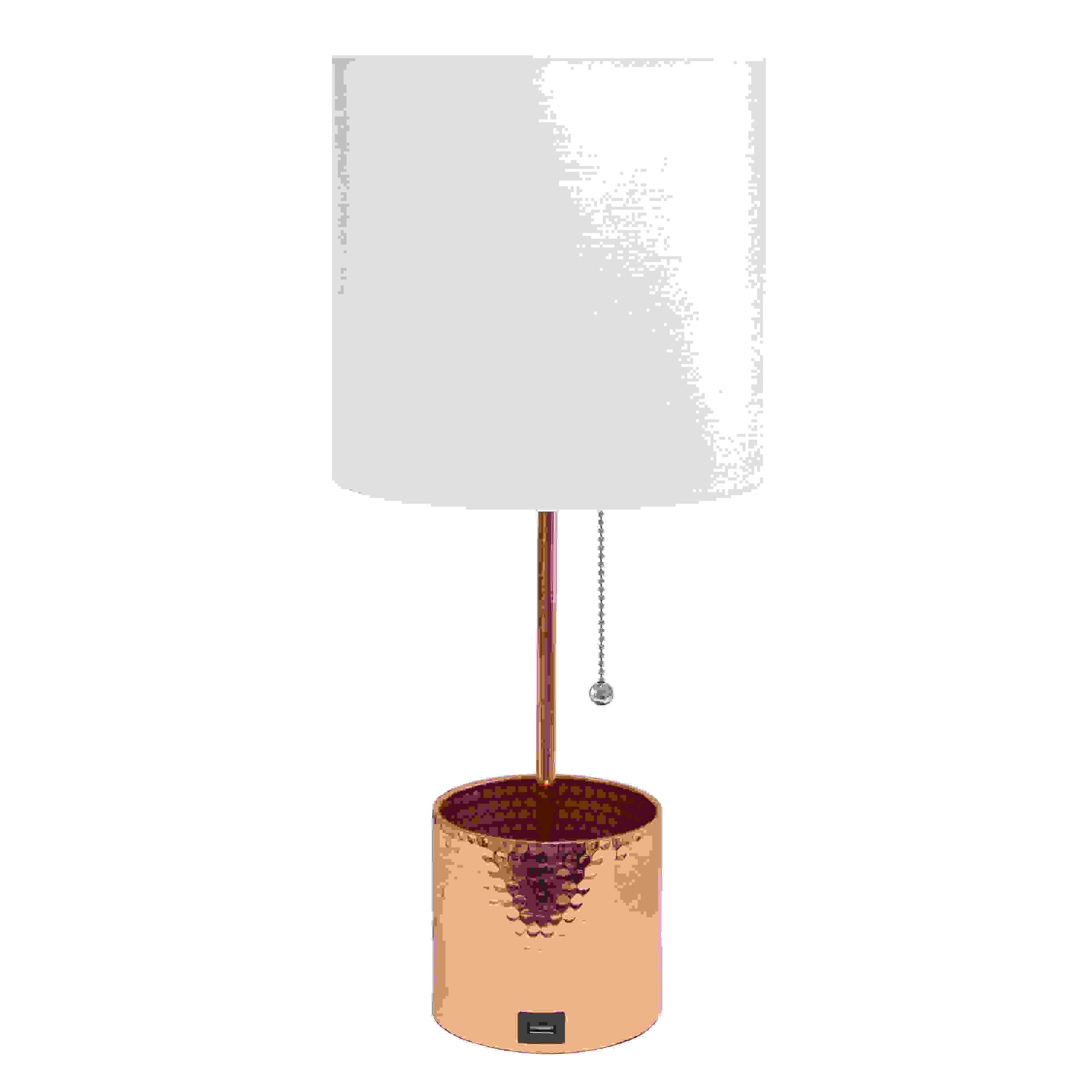 Simple Designs Hammered Metal Organizer Table Lamp with USB charging port and Fabric Shade, Rose Gold