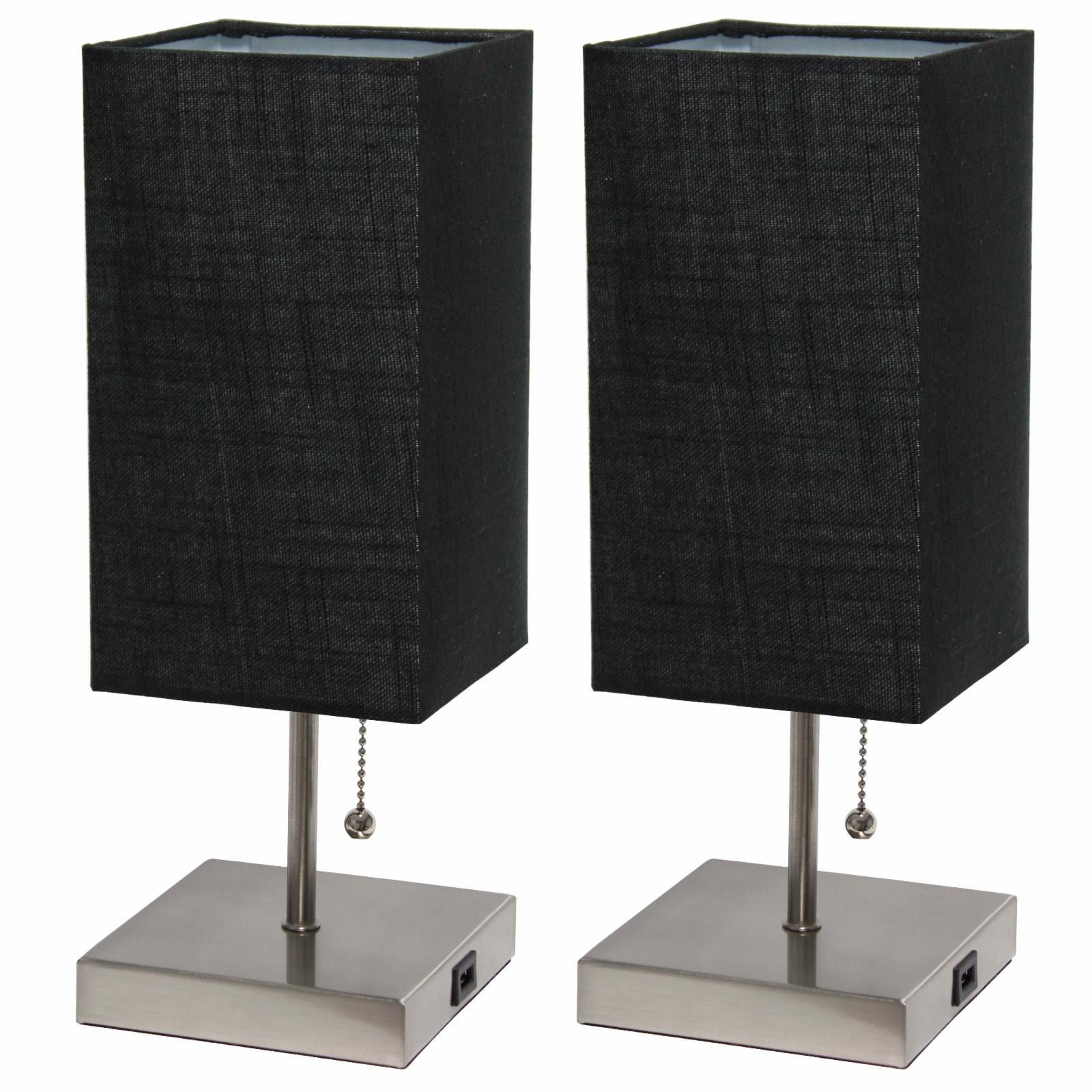 Simple Designs Petite White Stick Lamp with USB Charging Port and Fabric Shade 2 Pack Set, Black