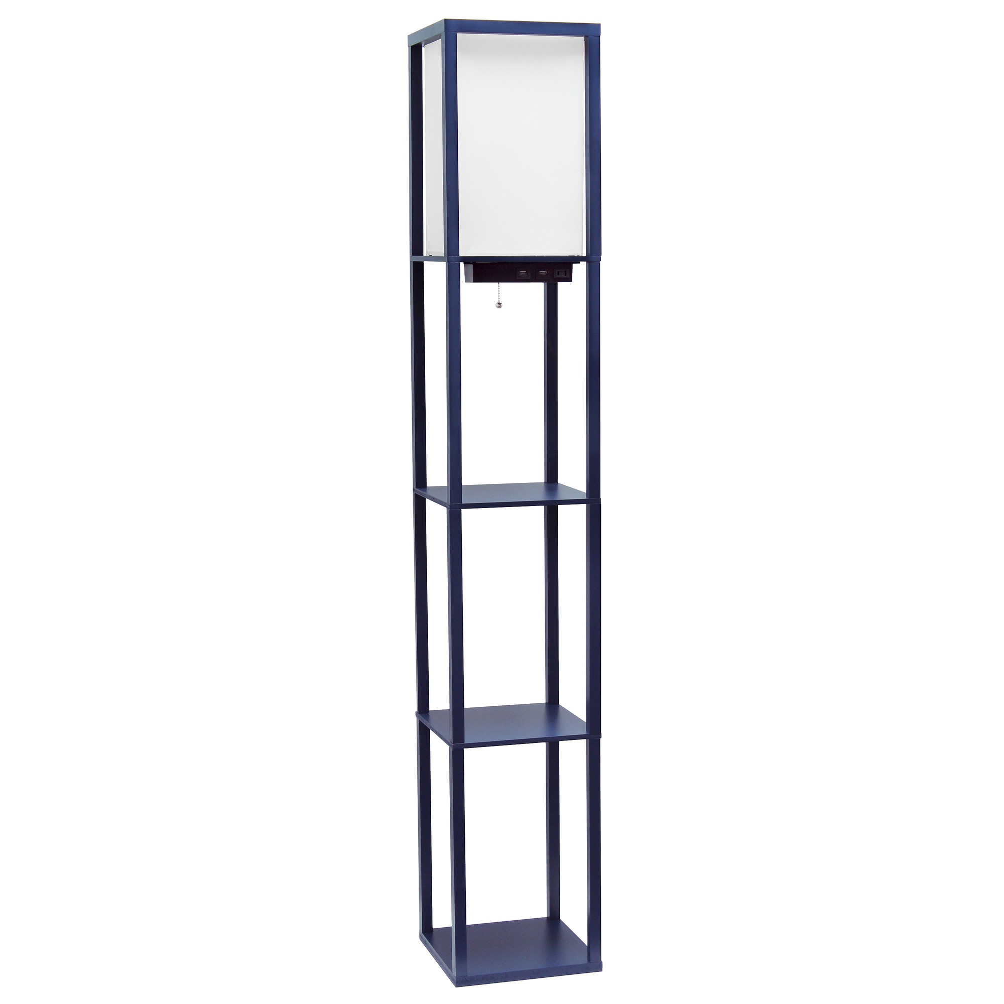 Simple Designs Floor Lamp Etagere Organizer Storage Shelf with 2 USB Charging Ports, 1 Charging Outlet and Linen Shade, Navy