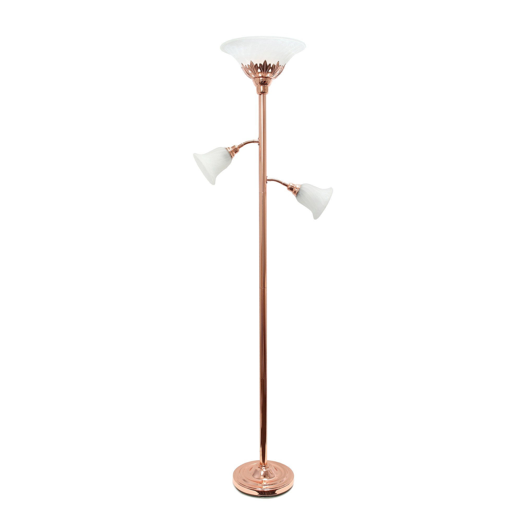 Lalia Home Torchiere Floor Lamp with 2 Reading Lights and Scalloped Glass Shades, Rose Gold
