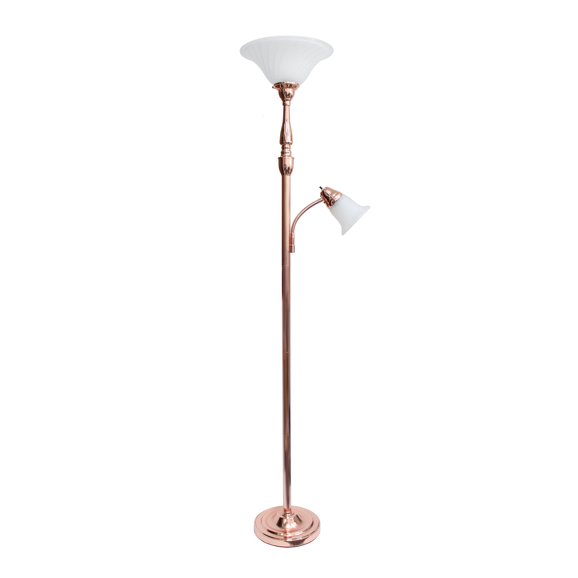 Lalia Home Torchiere Floor Lamp with Reading Light and Marble Glass Shades, Rose Gold