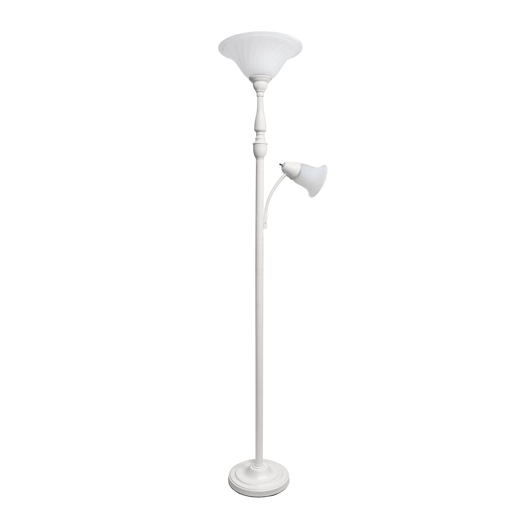 Lalia Home Torchiere Floor Lamp with Reading Light and Marble Glass Shades, White