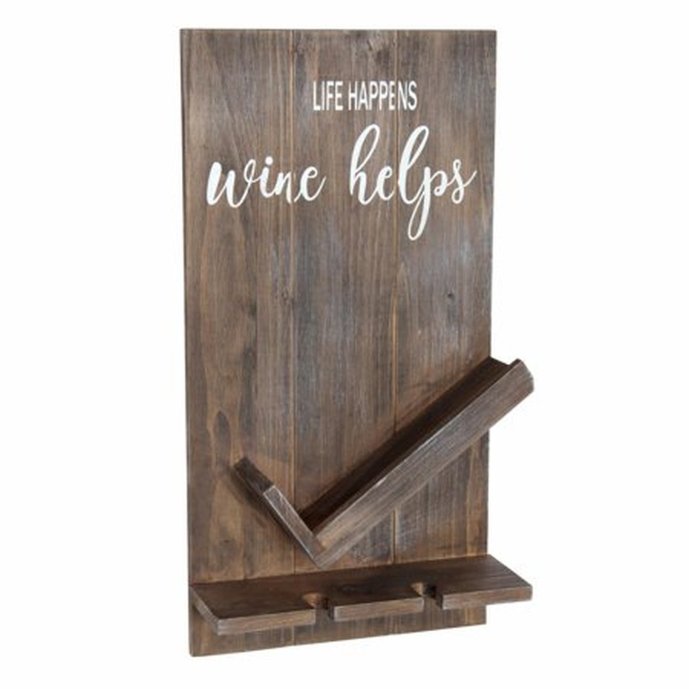 Elegant Designs Lucca Wall Mounted Wooden (Life Happens Wine Helps Wine Bottle Shelf with Glass Holder, Restored Wood