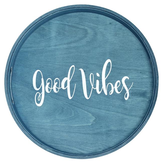 Elegant Designs Decorative 13.75" Round Wood Serving Tray w/ Handles, "Good Vibes"