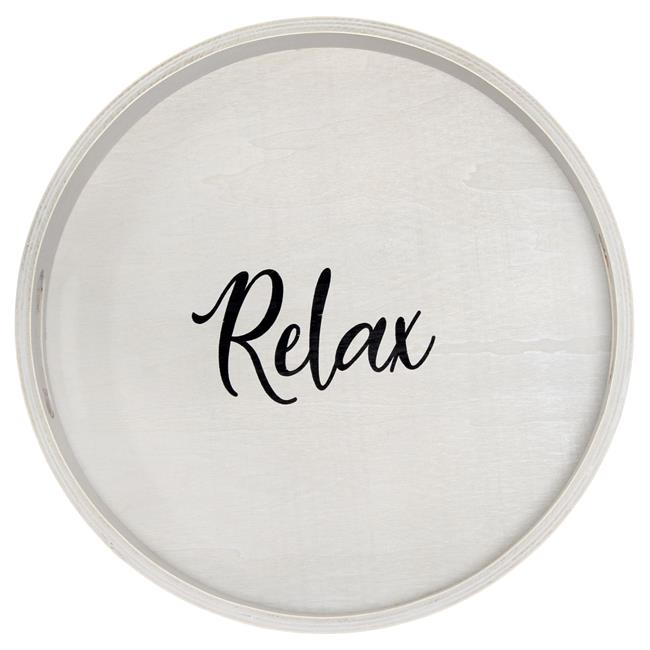 Elegant Designs Decorative 13.75" Round Wood Serving Tray w/ Handles, "Relax"