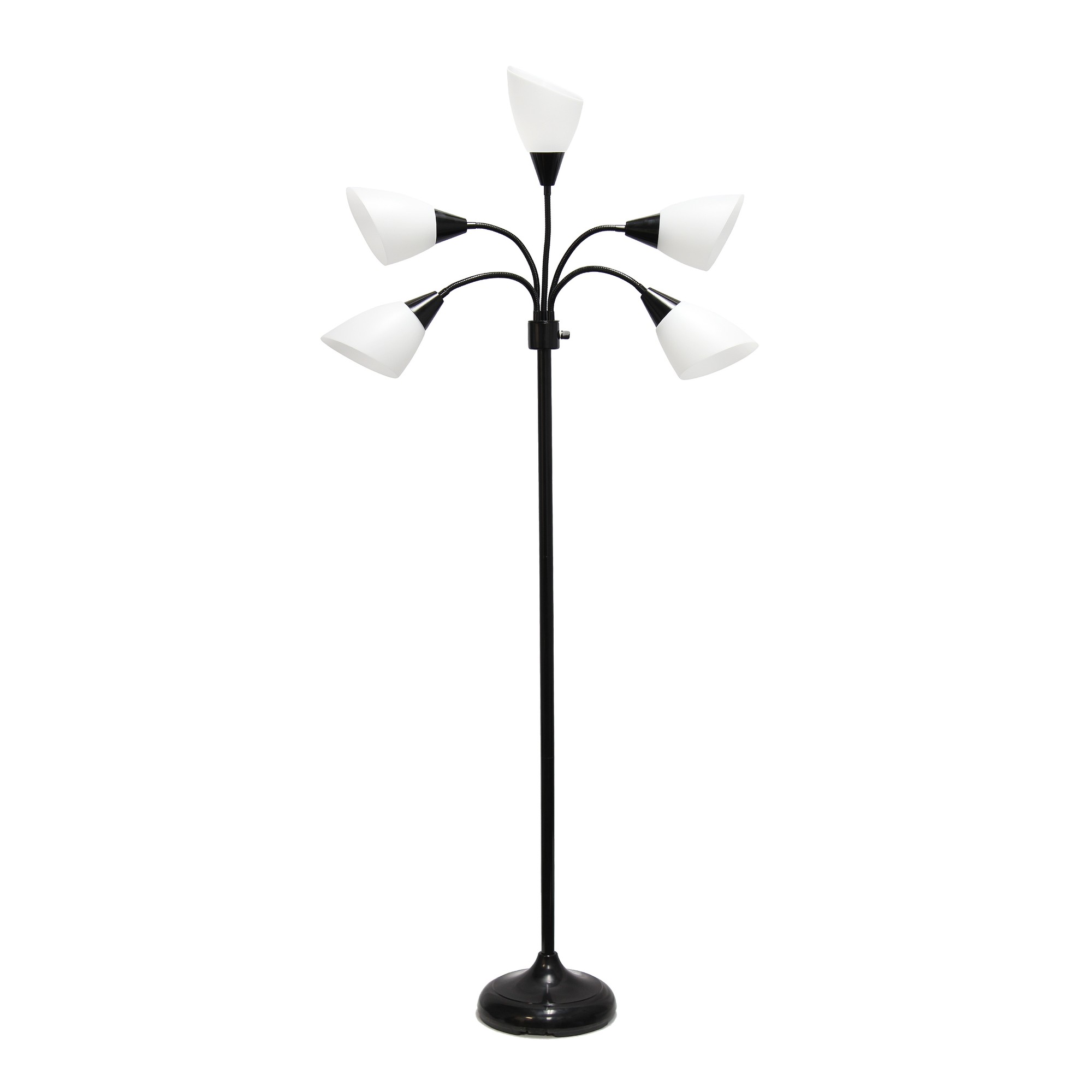 Simple Designs 5 Light Adjustable Gooseneck Black Floor Lamp with White Shades