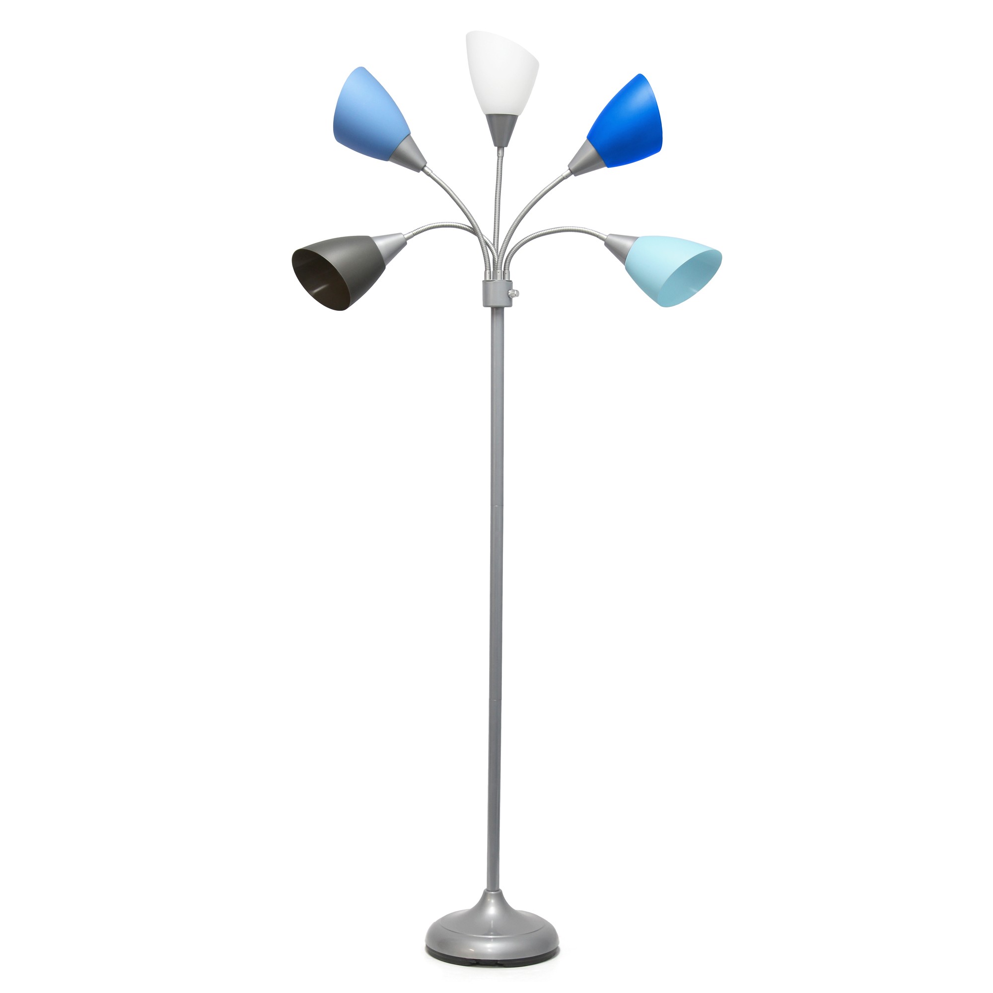 Simple Designs 67" Contemporary Multi Head Medusa 5 Light Adjustable Gooseneck Silver Floor Lamp with Blue, White, Gray Shades