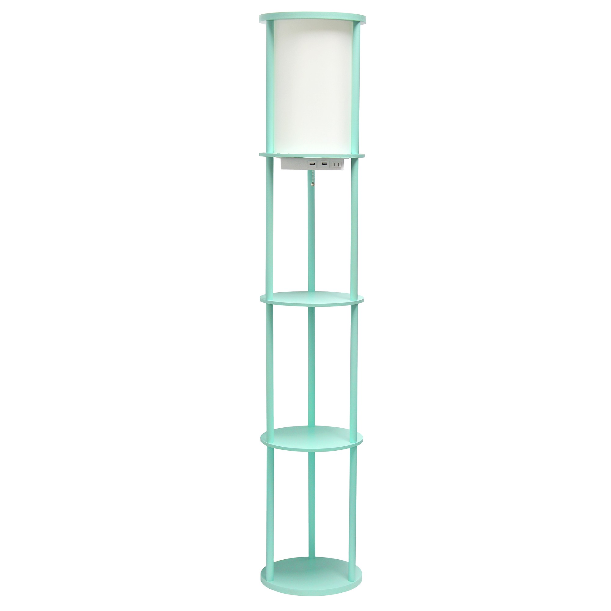 Simple Designs 62.5" Round Storage Floor Lamp with 2 USB Charging Ports, 1 Charging Outlet and Linen Shade, Aqua