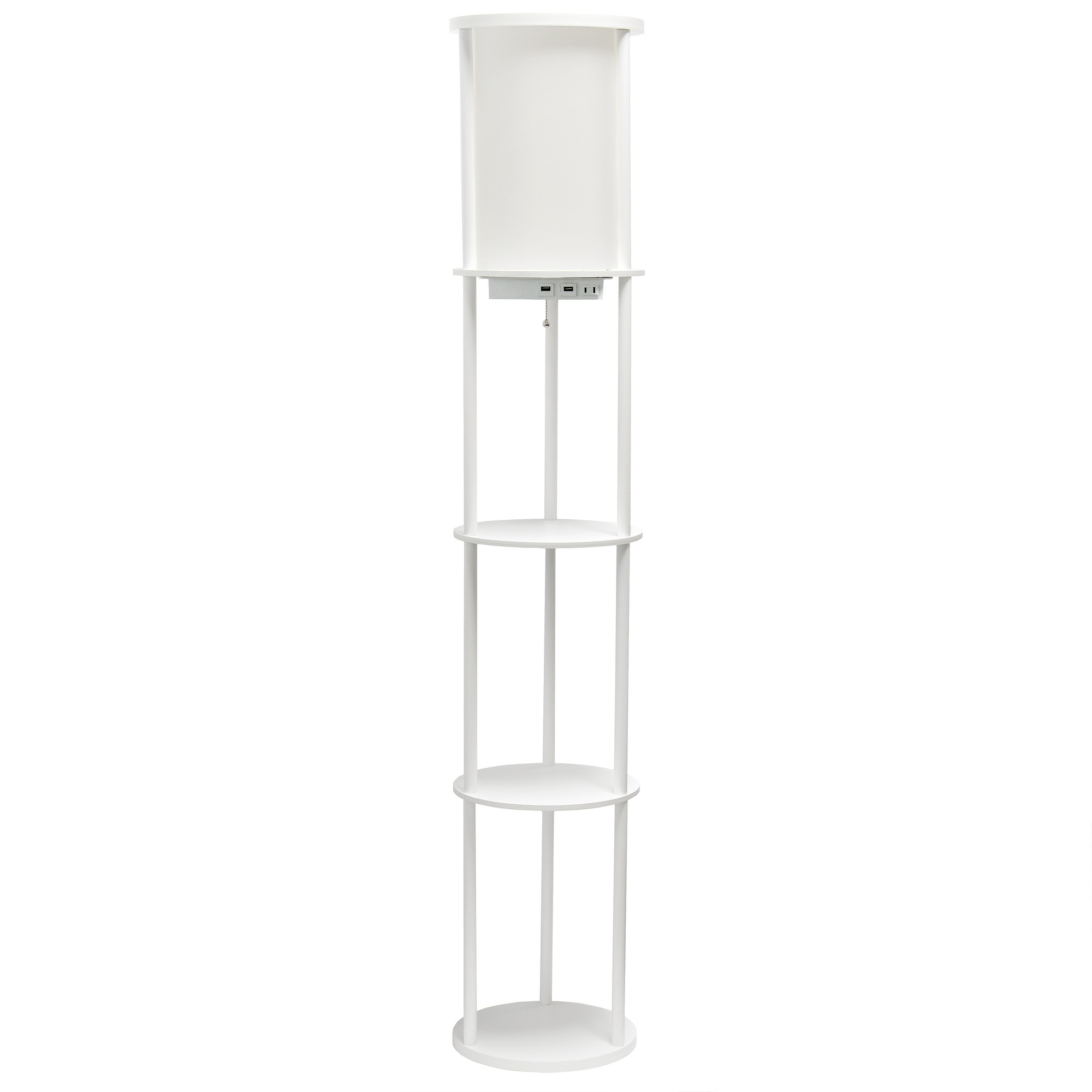Simple Designs 62.5" Round Storage Floor Lamp with 2 USB Charging Ports, 1 Charging Outlet and Linen Shade, White