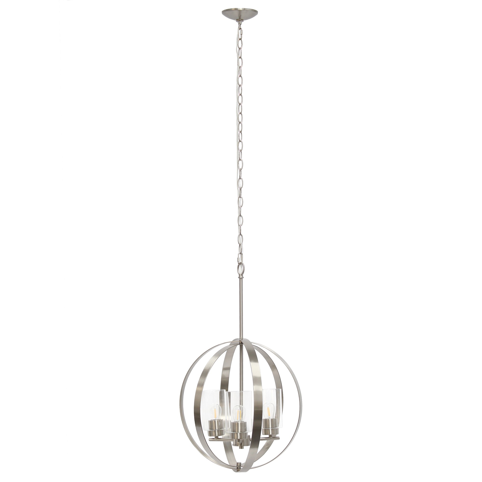 Lalia Home 3-Light 18" Adjustable Industrial Globe Hanging Metal and Clear Glass Ceiling Pendant, Brushed Nickel