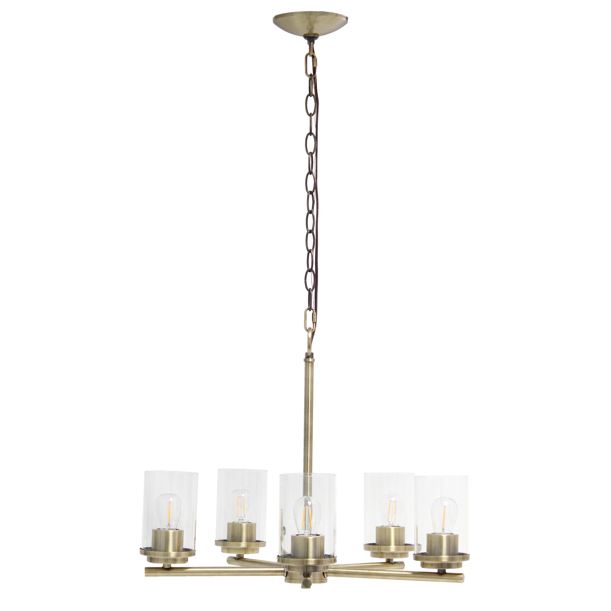 Lalia Home 5-Light 20.5" Classic Contemporary Clear Glass and Metal Hanging Pendant Chandelier, Antique Brass