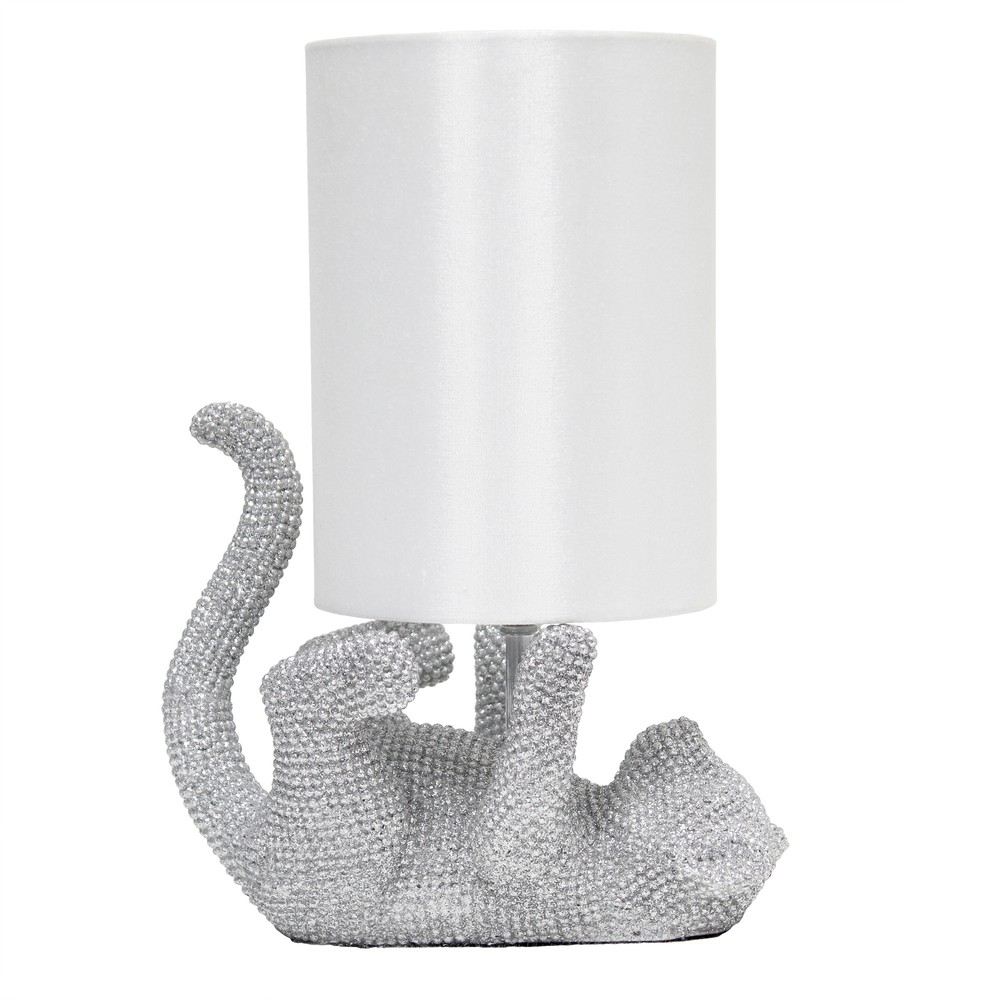 Lalia Home 12.6" Diamond Studded Rhinestone Look Kitty Cat Feline Table Lamp with Faux Silk Fabric Shade, Silver