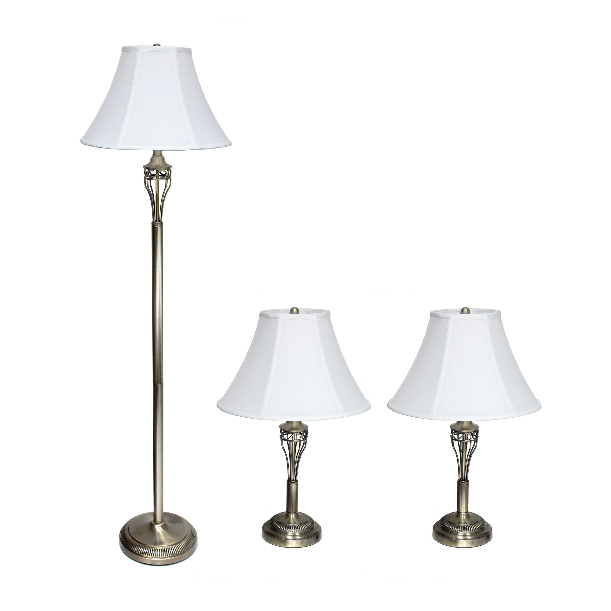 Lalia Home 3 Piece Metal Lamp Set (2 Table Lamps, 1 Floor Lamp) Empire Fabric Shades and Antique Brass Finish