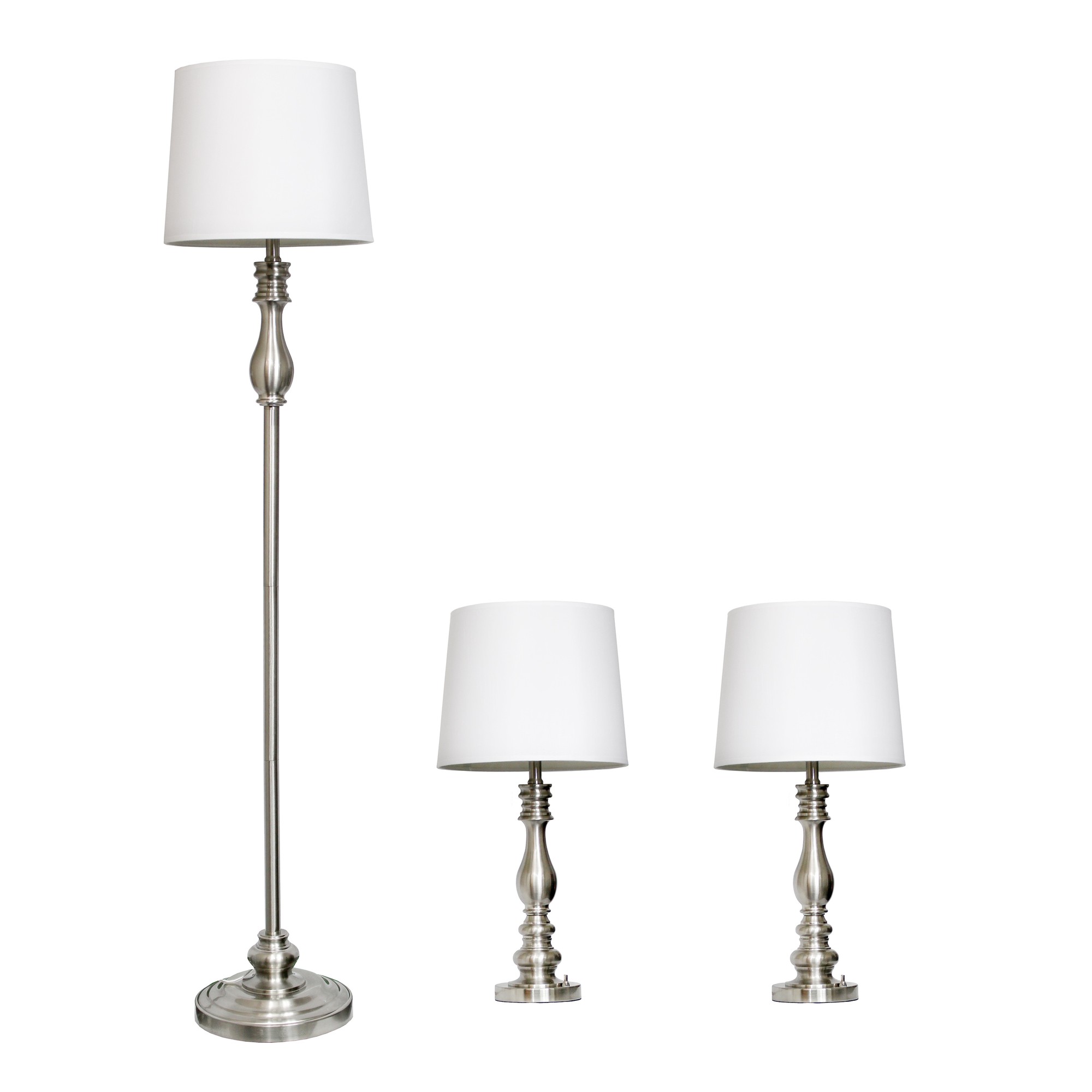 Lalia Home 3 Piece Metal Lamp Set (2 Table Lamps, 1 Floor Lamp) White Drum Fabric Shades and Brushed Steel Finish
