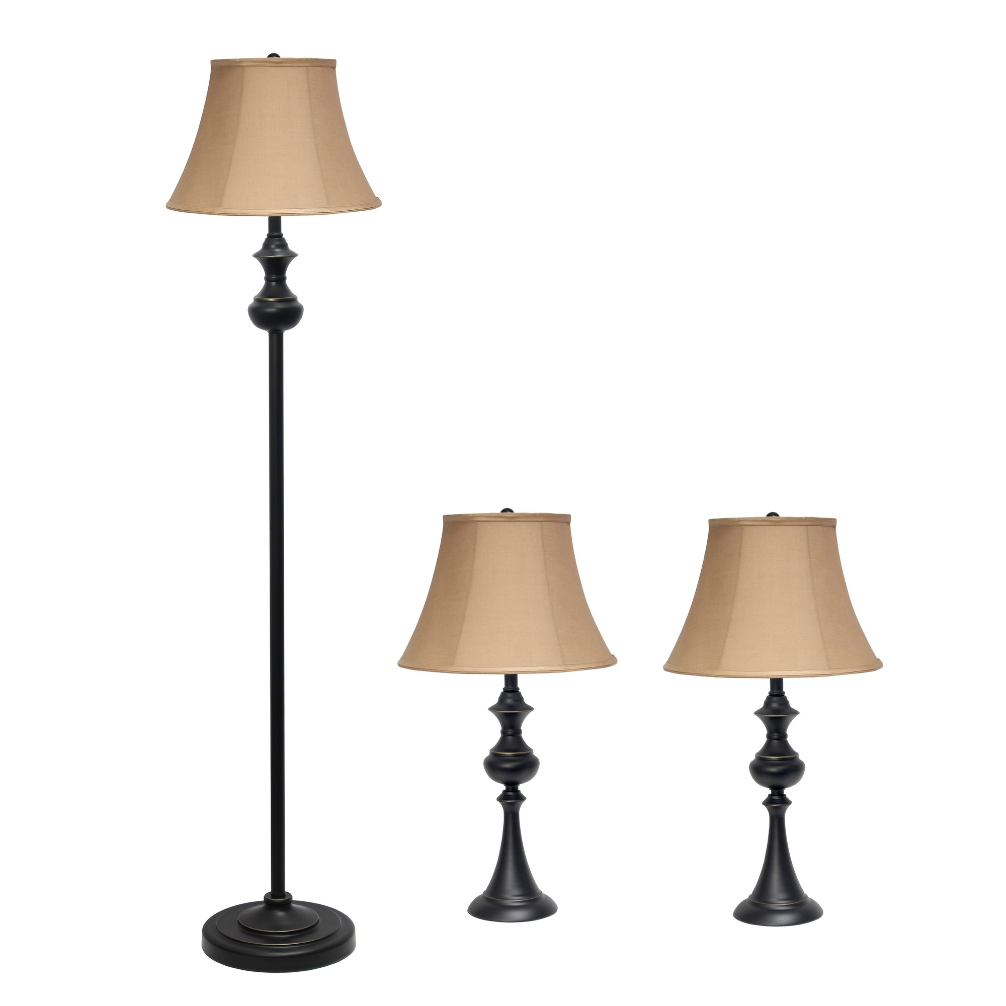 Lalia Home 3 Piece Metal Lamp Set (2 Table Lamps, 1 Floor Lamp) Tan Empire Fabric Shades and Restoration Bronze Finish